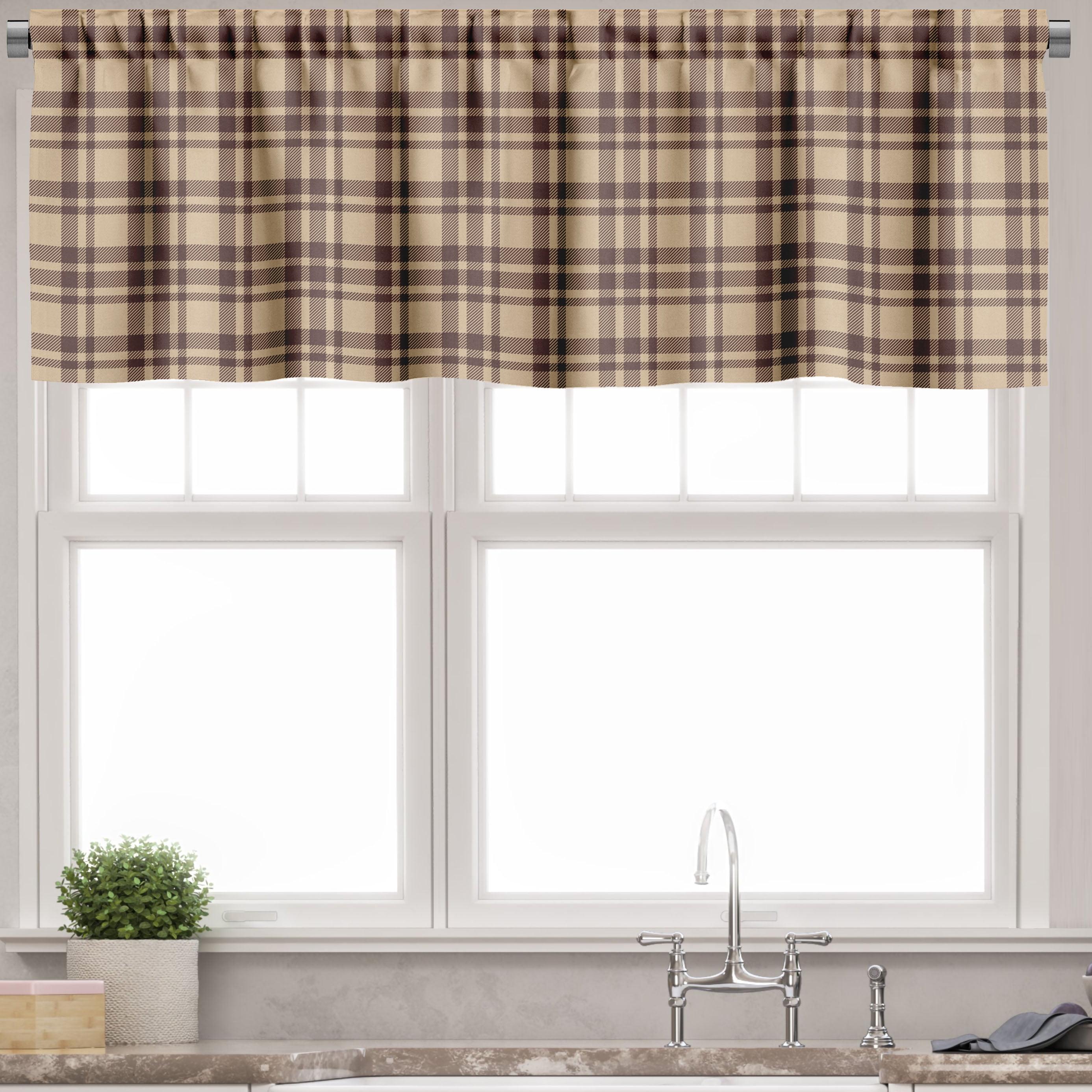 Tan Brown Plaid Satin Rod Pocket Valance Set