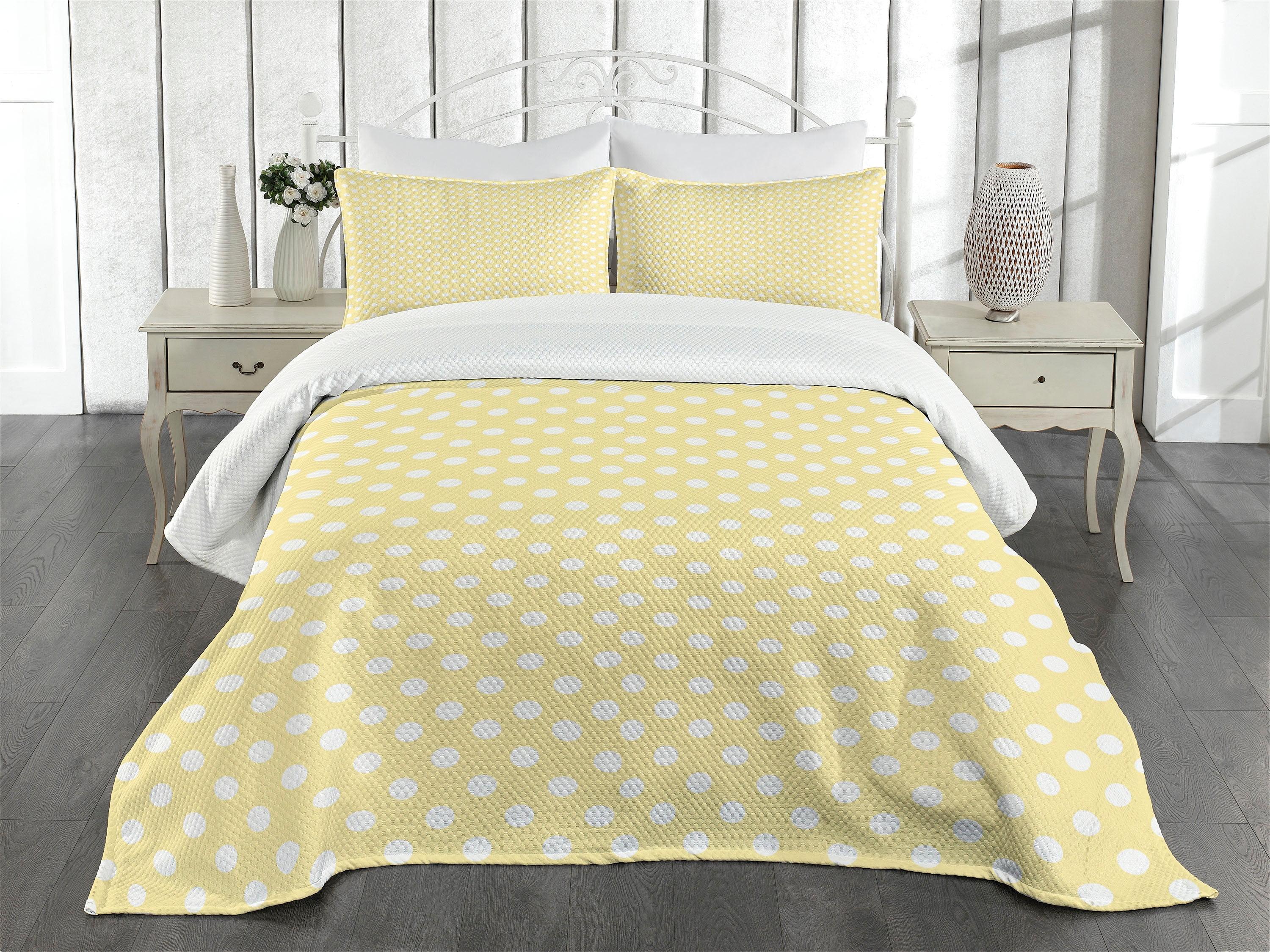 King White and Yellow Polka Dot Quilted Bedspread Set