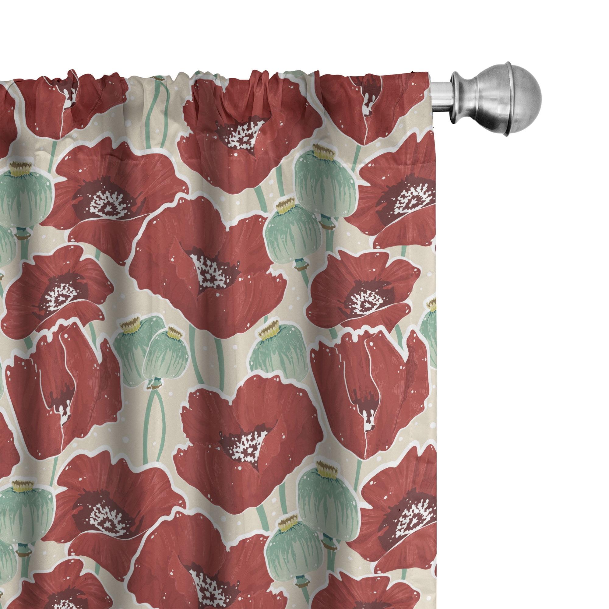 Red Poppy Flower Print Microfiber Curtain Panels, 28" x 84"