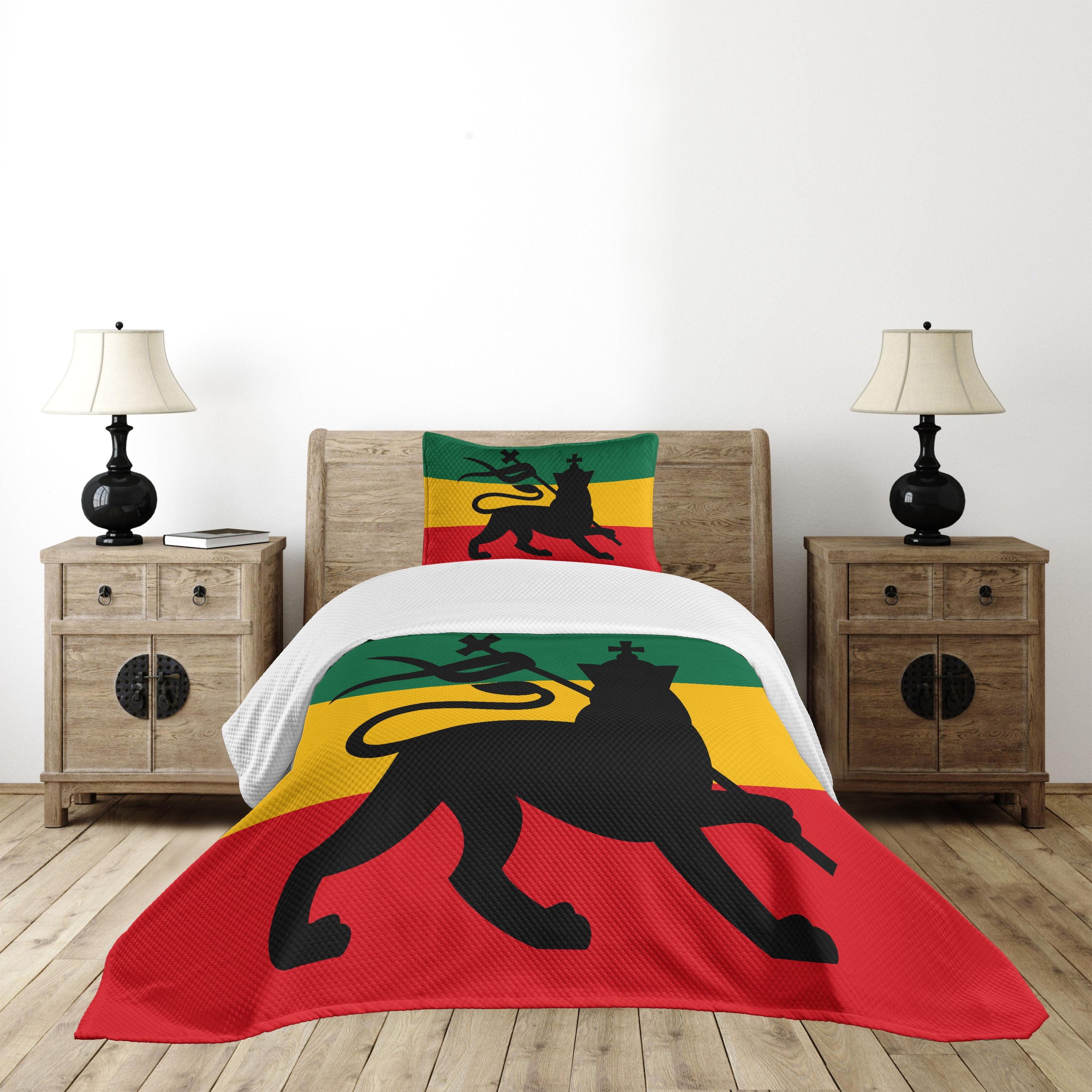 Ambesonne Ambesonne Rasta Bedspread Set Lion Reggae Striped Flag Art Yellow Black