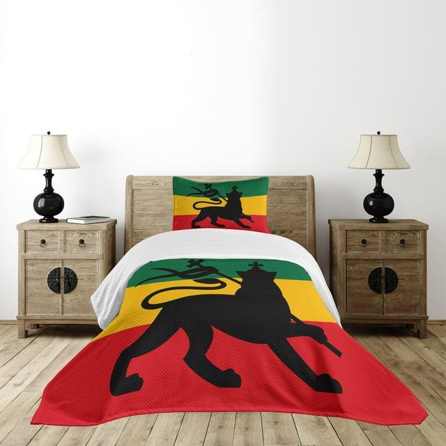 Ambesonne Ambesonne Rasta Bedspread Set Lion Reggae Striped Flag Art Yellow Black