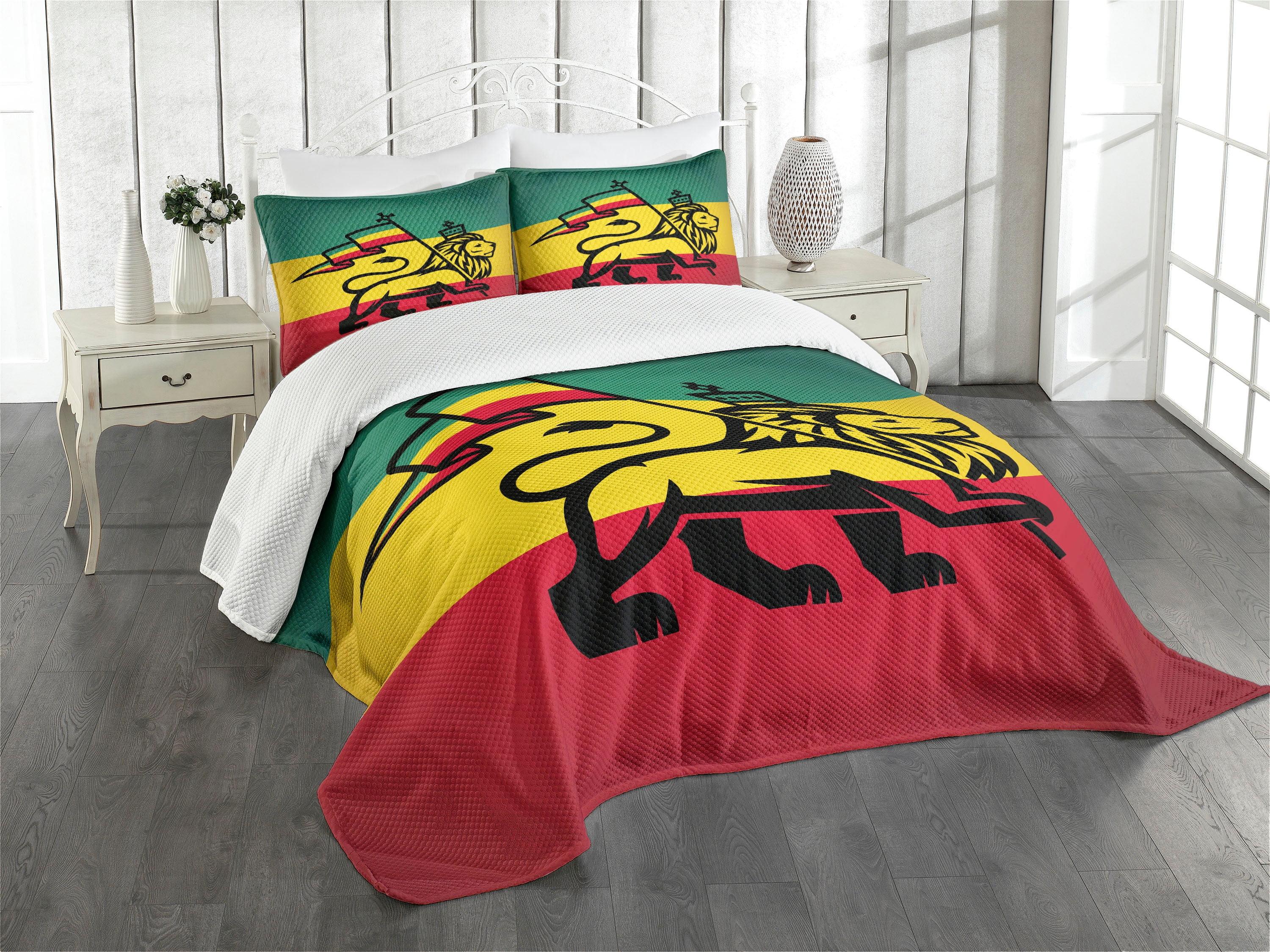 Ambesonne Rasta Bedspread Set Cultural Lion Rastafari Flag Yellow and Black