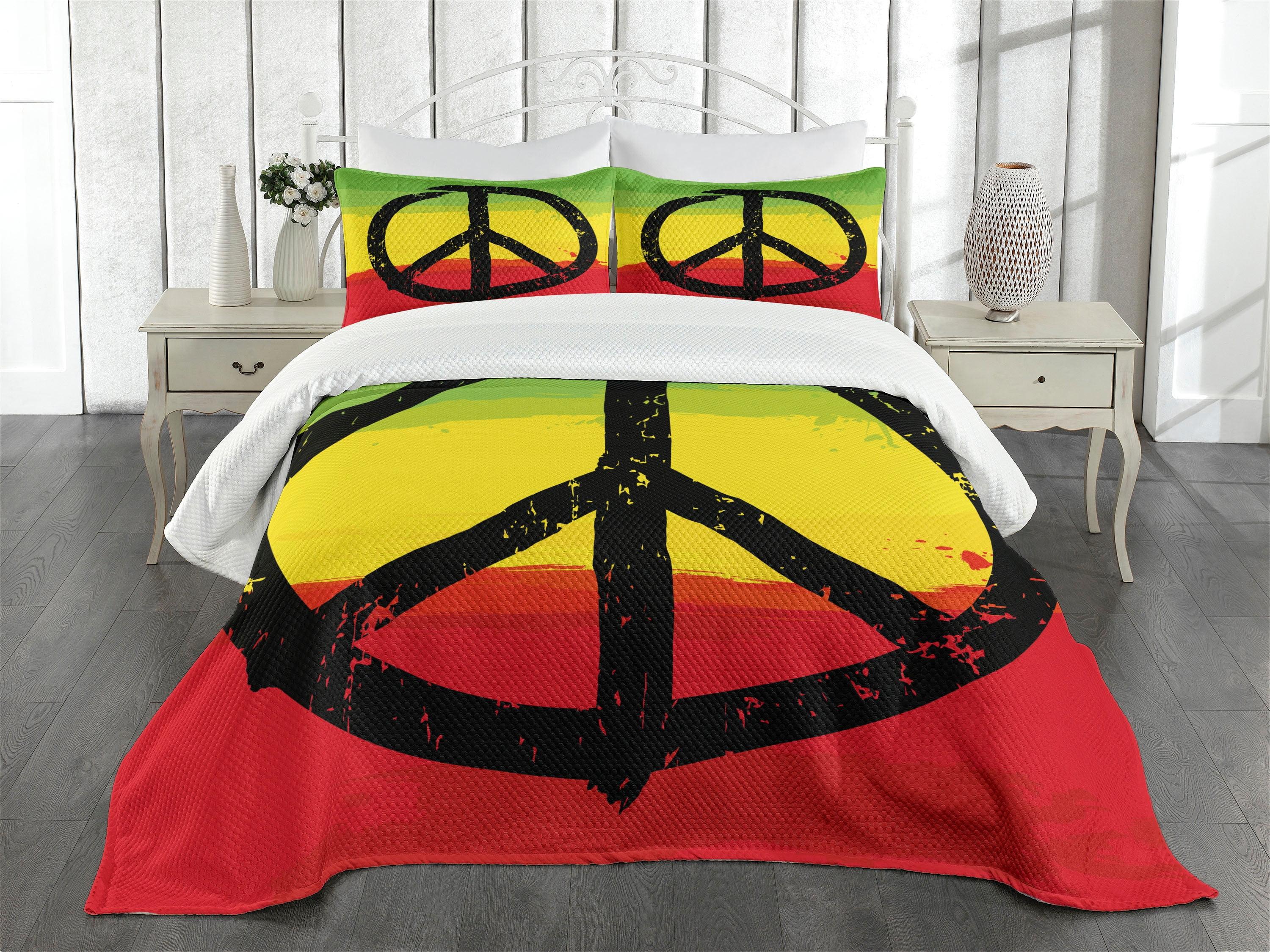 Ambesonne Rasta Bedspread Set Grunge Hippie Peace Sign Yellow Black