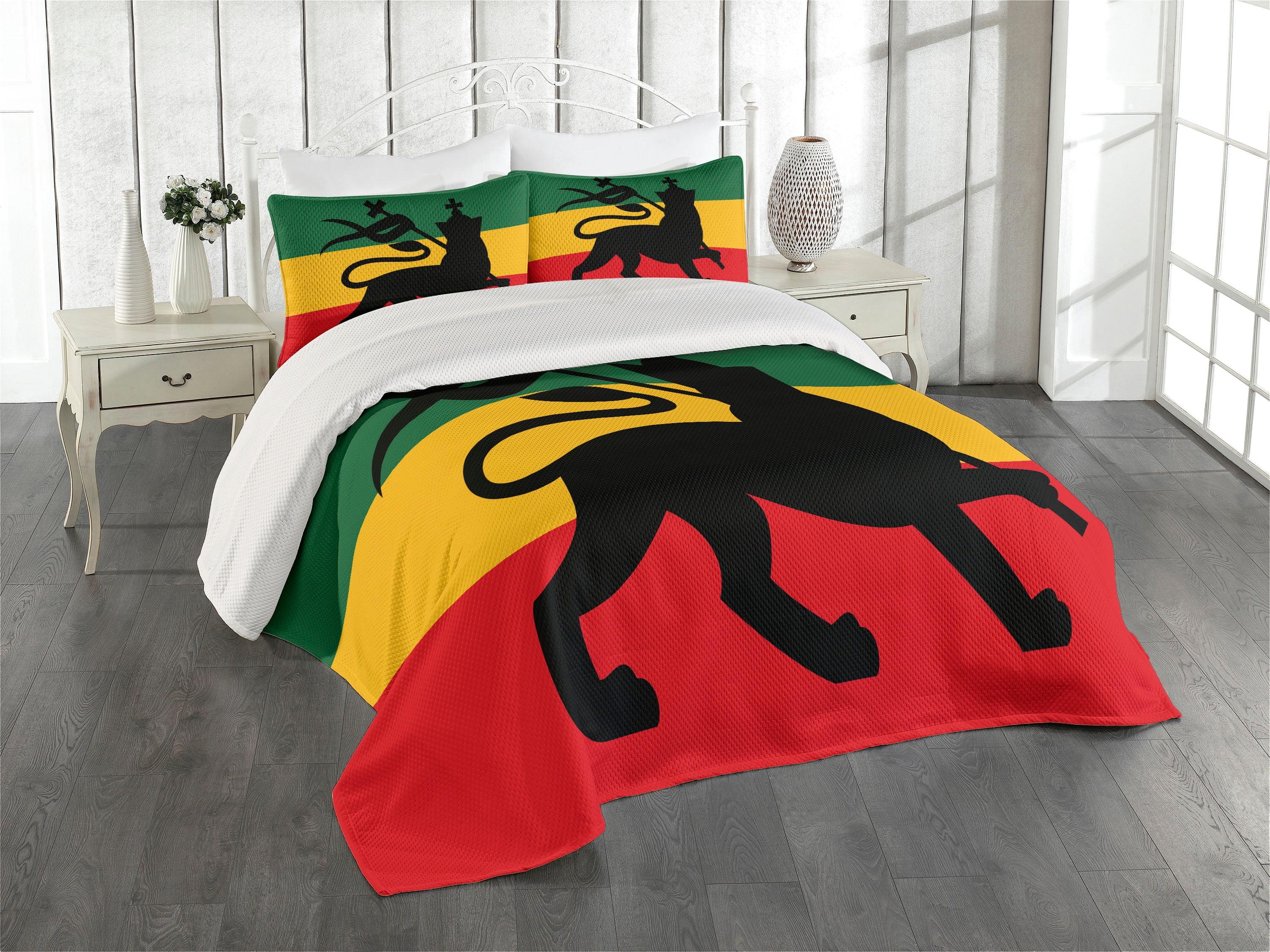 Ambesonne Ambesonne Rasta Bedspread Set Lion Reggae Striped Flag Art Yellow Black