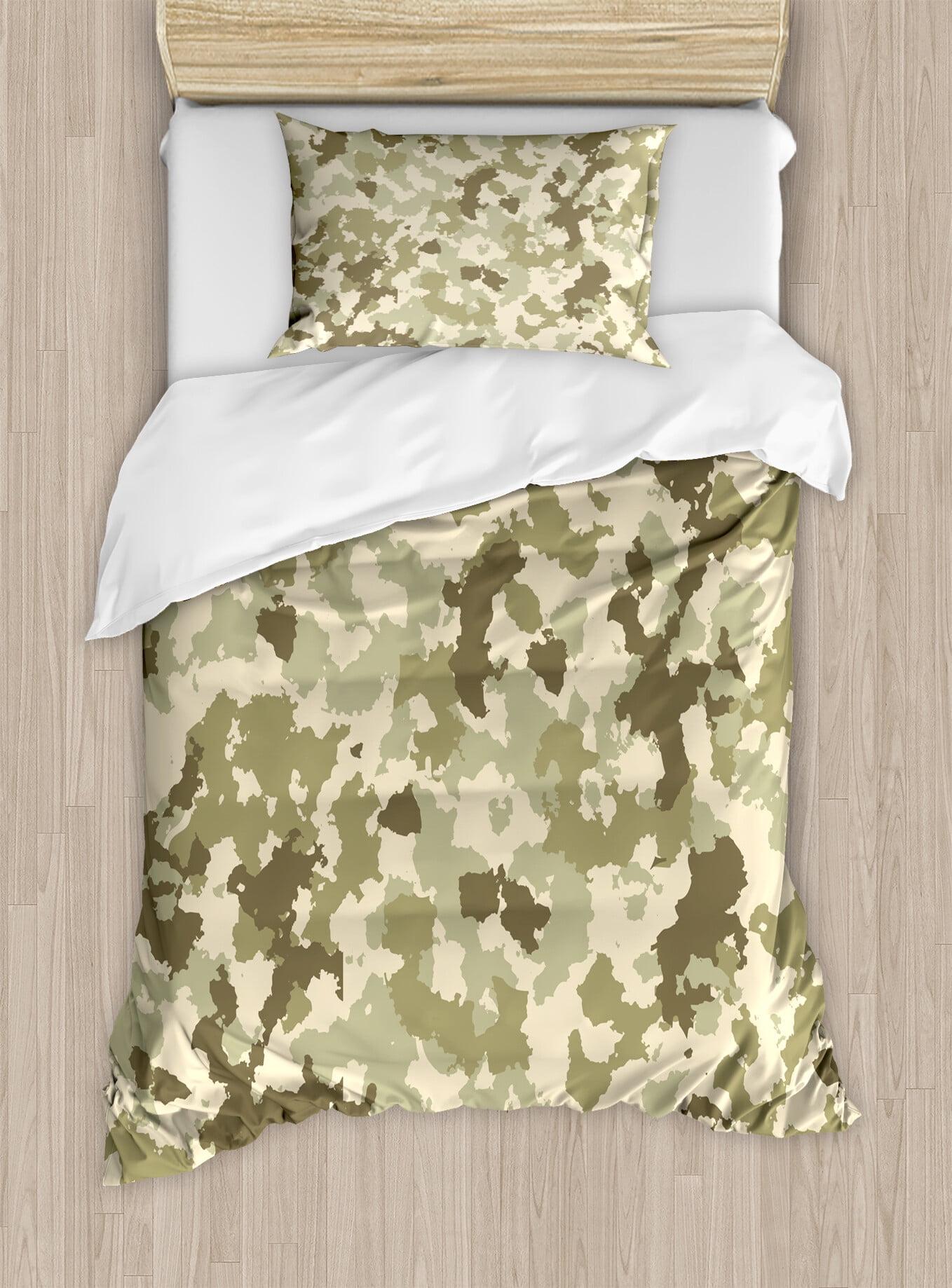 Twin Green Camouflage Duvet Cover Set with Pillow Sham