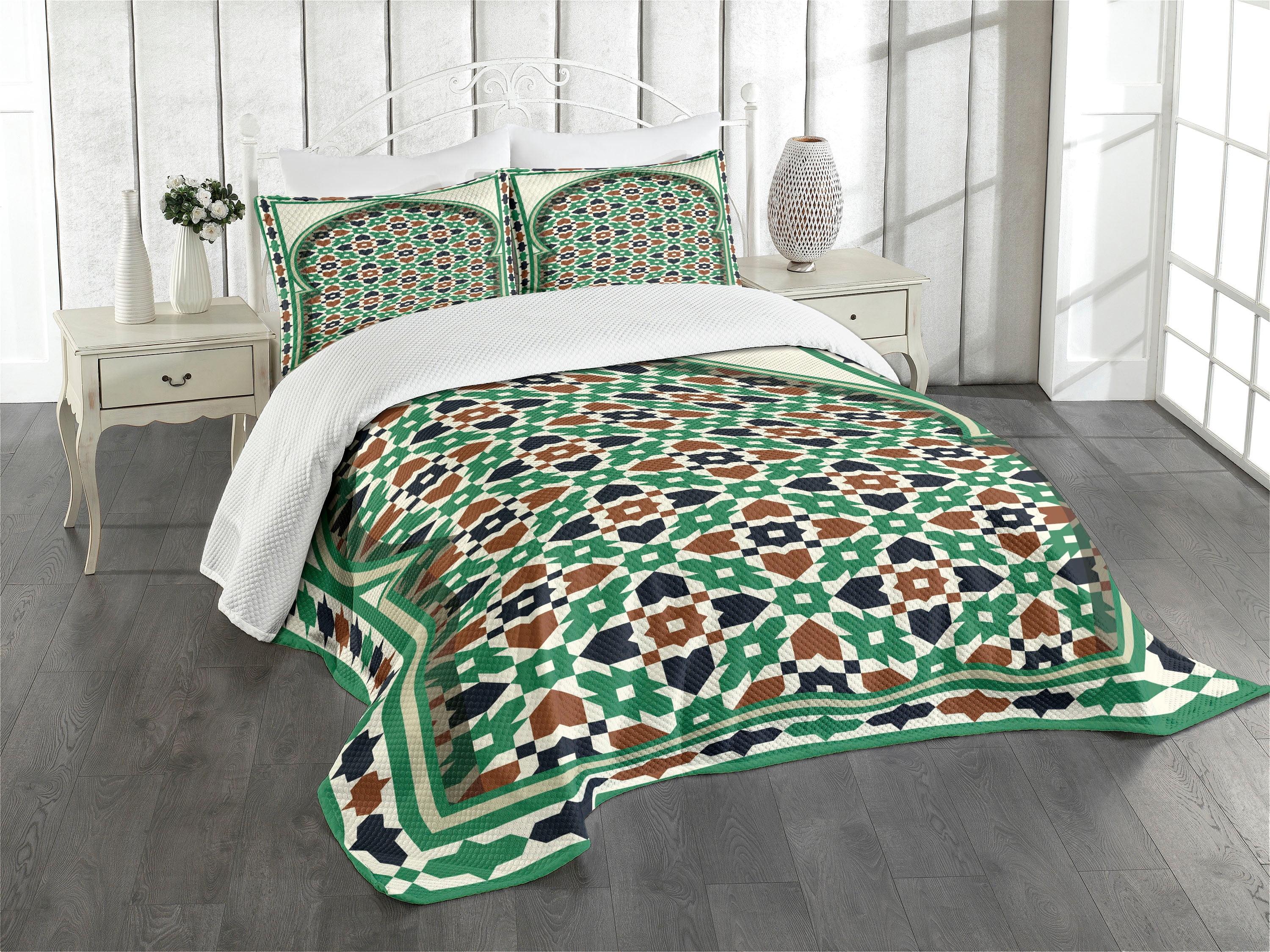 Ambesonne Retro Bedspread Set Moroccan Arch with Floral Green Brown