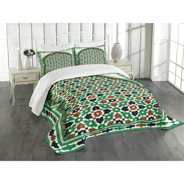 Ambesonne Ambesonne Retro Bedspread Set Moroccan Arch with Floral Green Brown