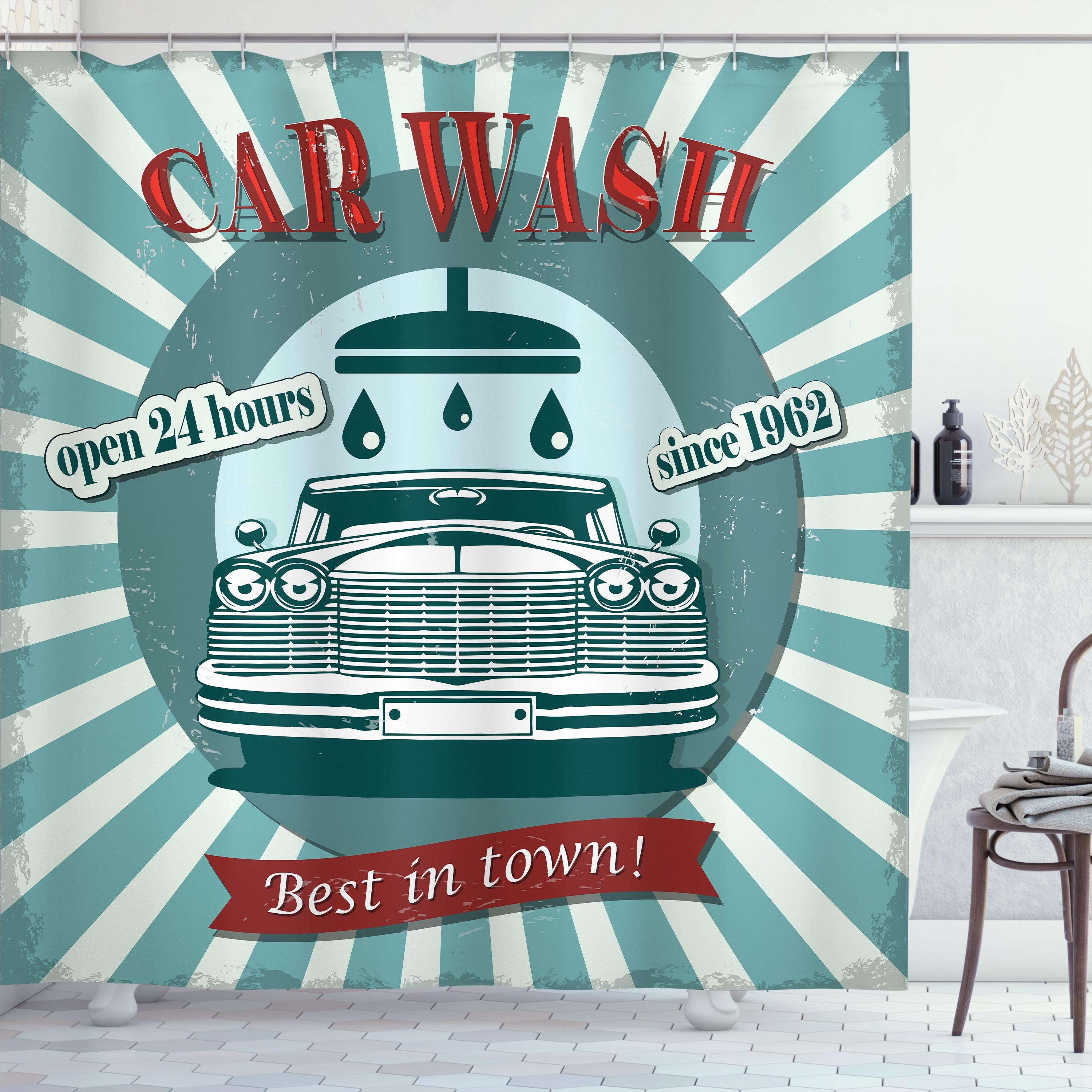 Ambesonne Retro Shower Curtain, Car Wash Sign Commercial, 69"Wx70"L, Red Teal