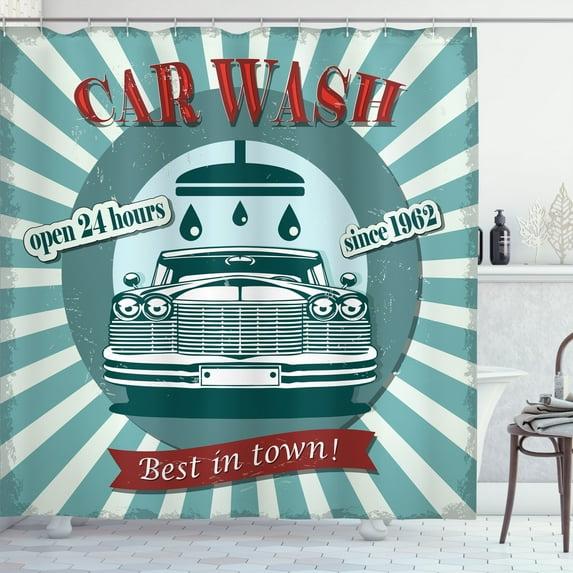 Ambesonne Retro Shower Curtain, Car Wash Sign Commercial, 69"Wx70"L, Red Teal