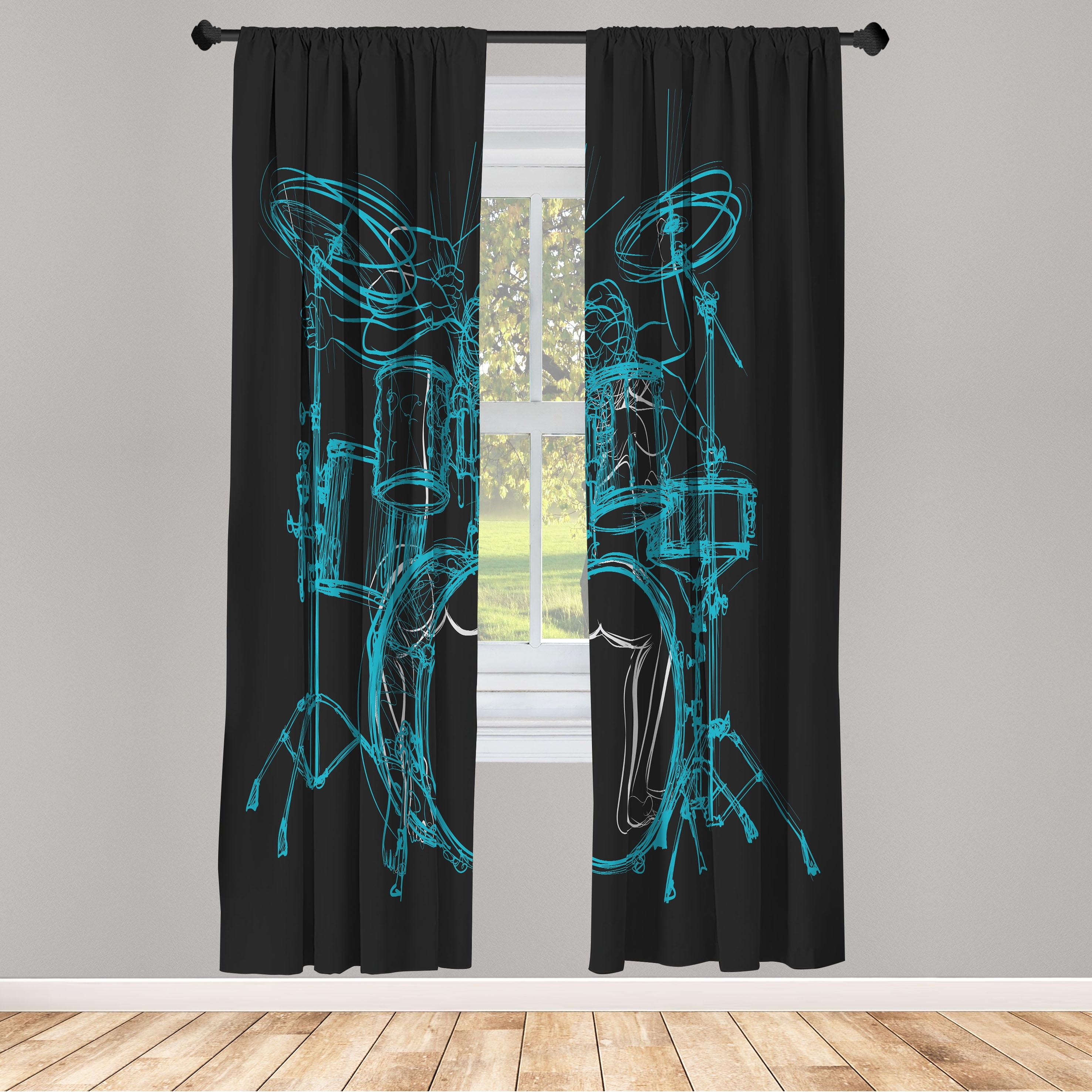 Black and Turquoise Drum Sketch Light-Filtering Curtain Panels