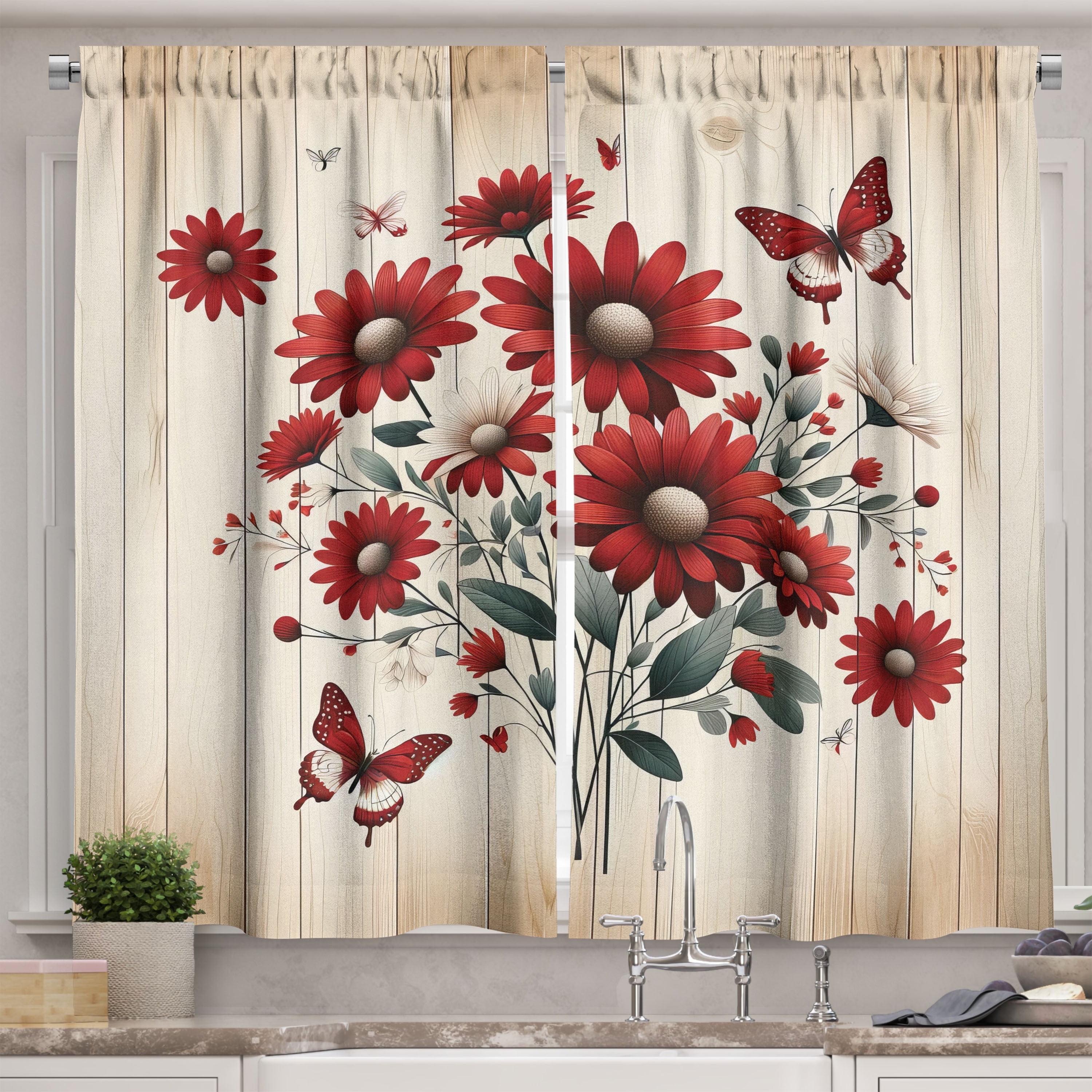 Floral Red and Blue Polyester Kitchen Tier Curtains