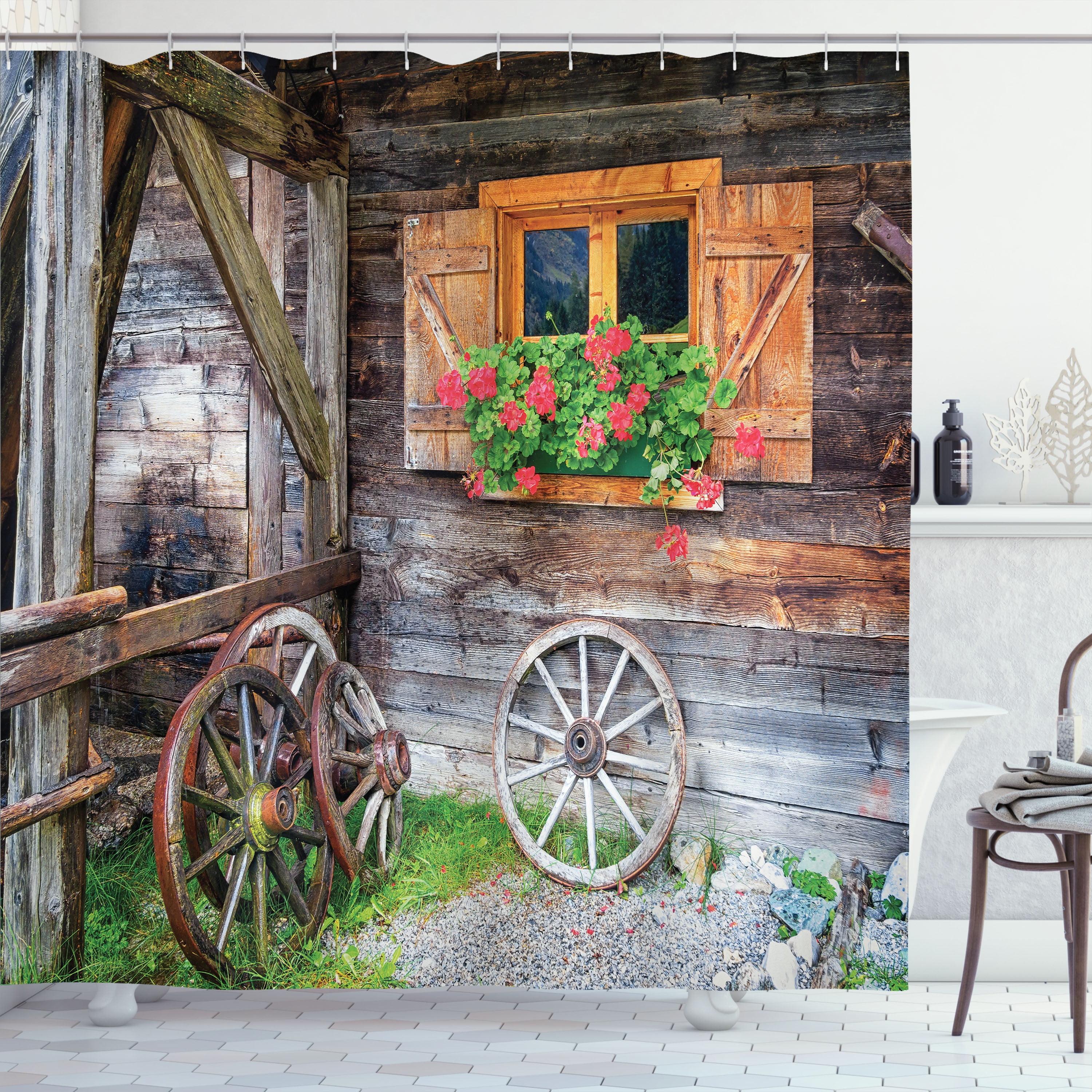 Rustic Farmhouse Countryside Fabric Shower Curtain with Hooks