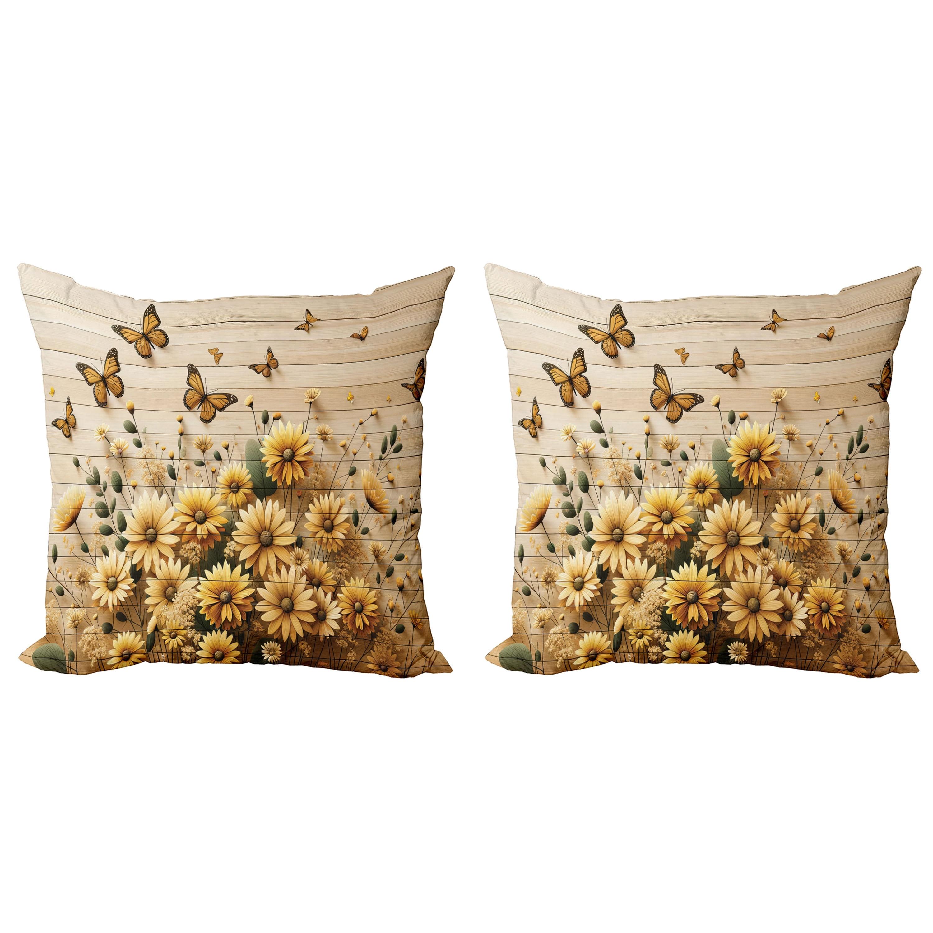 Pale Orange Tan Green Floral Butterfly Microfiber Throw Pillow Set