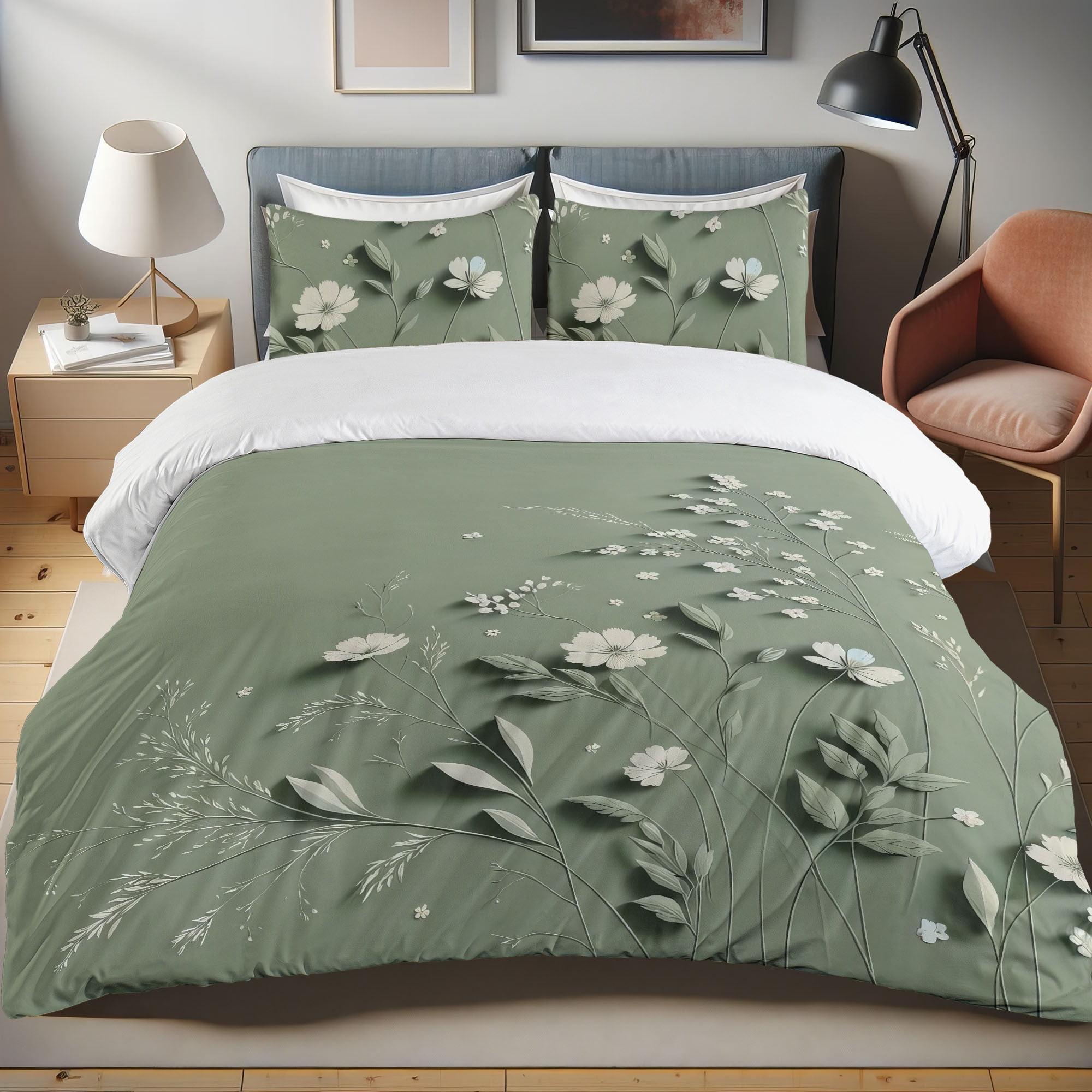 King Reseda Green and White Floral Duvet Cover Set