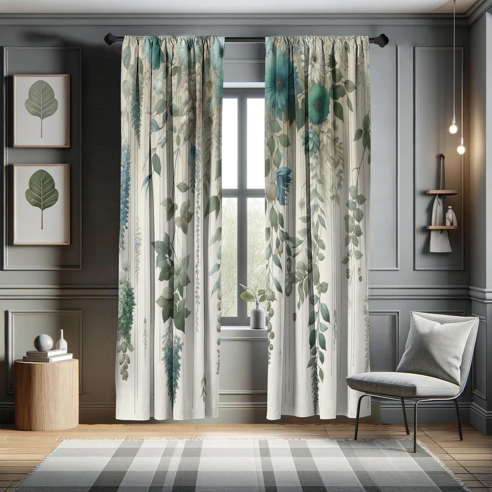 Eggshell Gray Teal Floral Microfiber Room-Darkening Curtain Panels