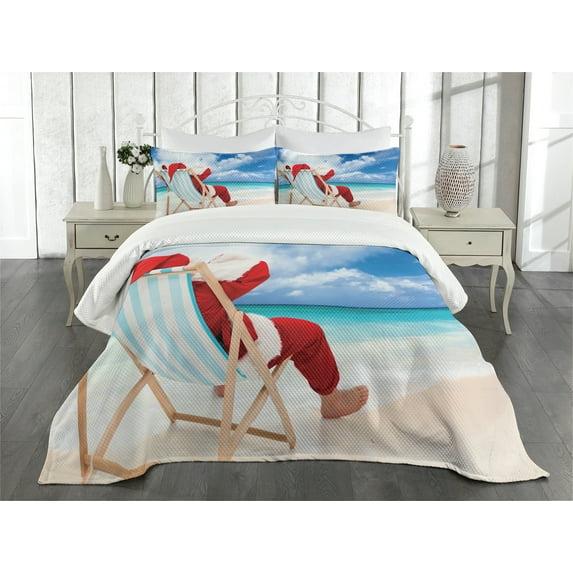 Ambesonne Ambesonne Santa Bedspread Set Relaxing at Exotic Beach Blue Sand Brown Red