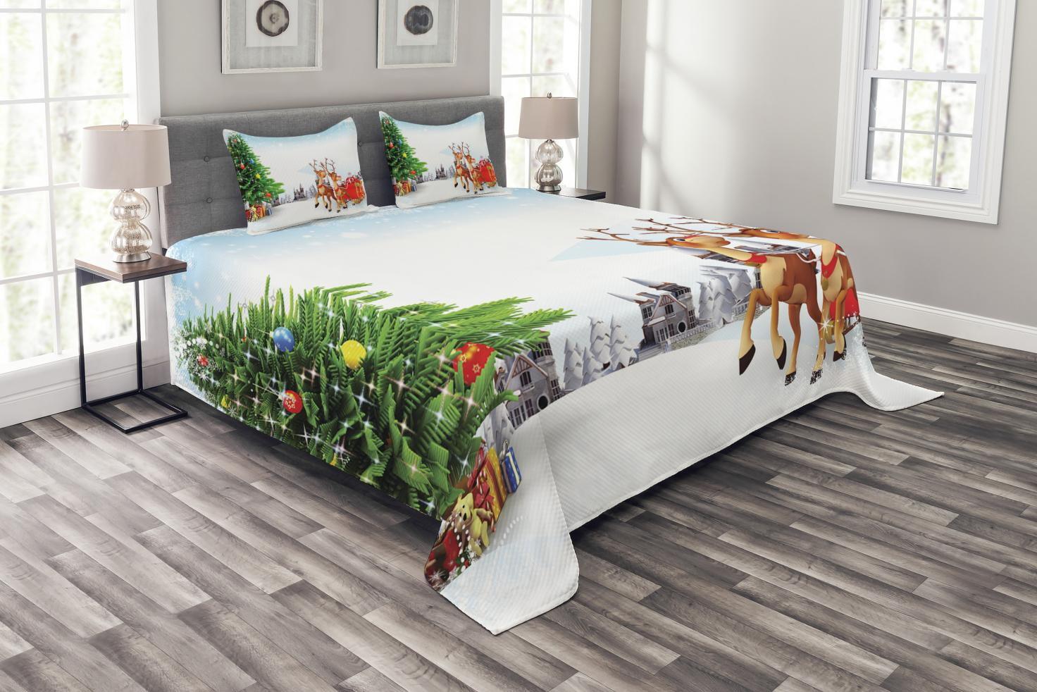 Ambesonne Ambesonne Santa Bedspread Set Snowy Village Sleigh Tree Multicolor