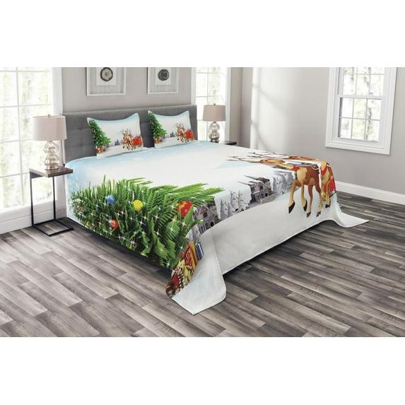 Ambesonne Ambesonne Santa Bedspread Set Snowy Village Sleigh Tree Multicolor