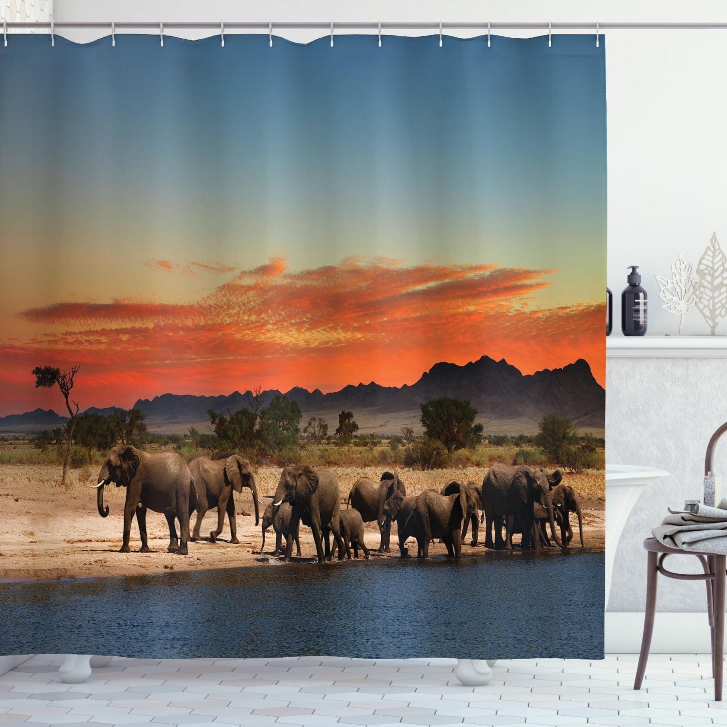 Savannah Wildlife Herd Fabric Shower Curtain, 69" x 70", Blue and Orange