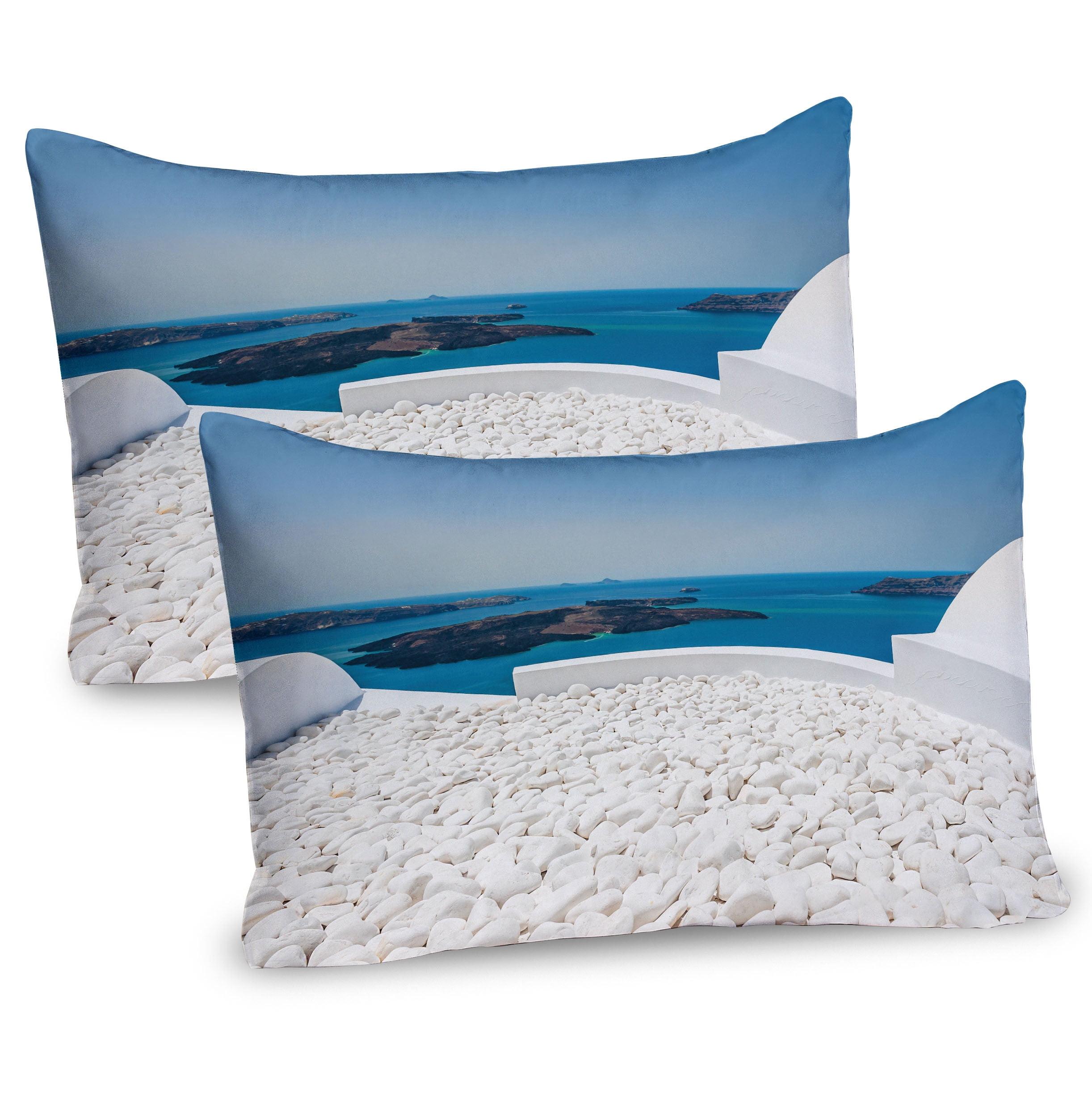 Ambesonne Scenery Pillow Sham 2 Pack Santorini Island Greece Turquoise and White