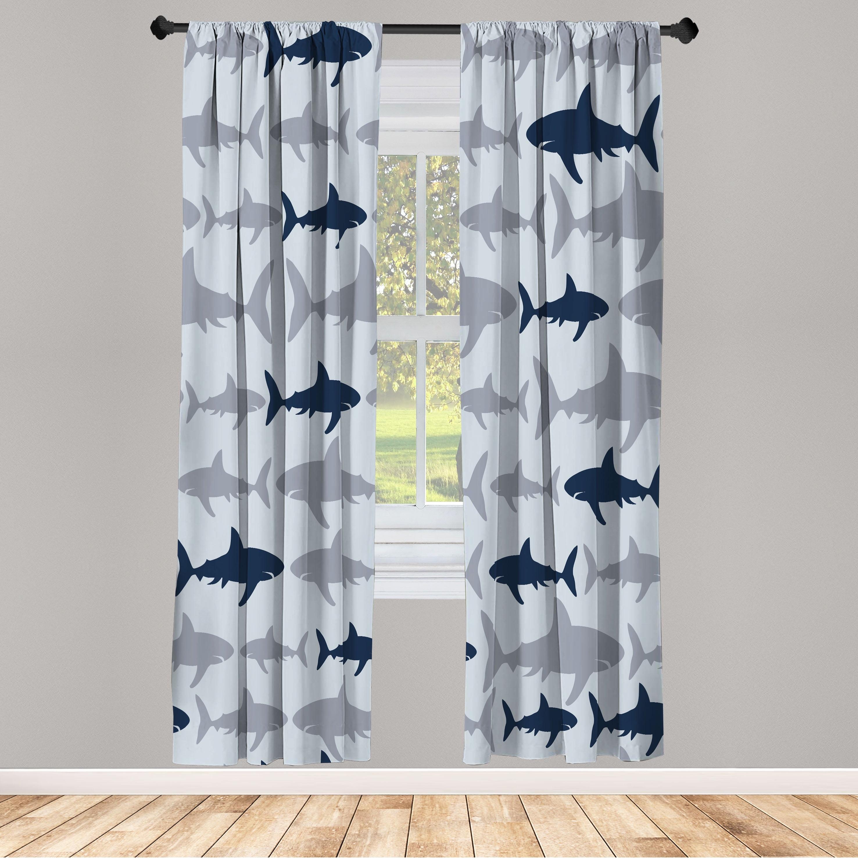 Gray and Dark Blue Shark Print Rod Pocket Curtain Panels