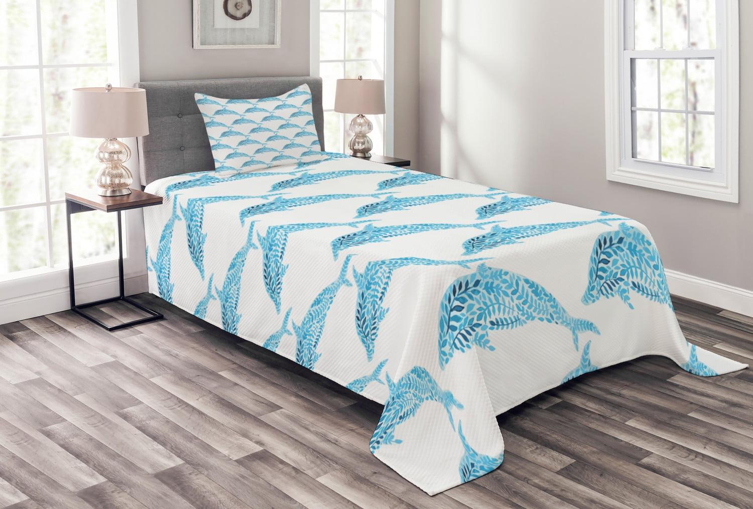 Twin White Quilted Bedspread Set with Blue Dolphins