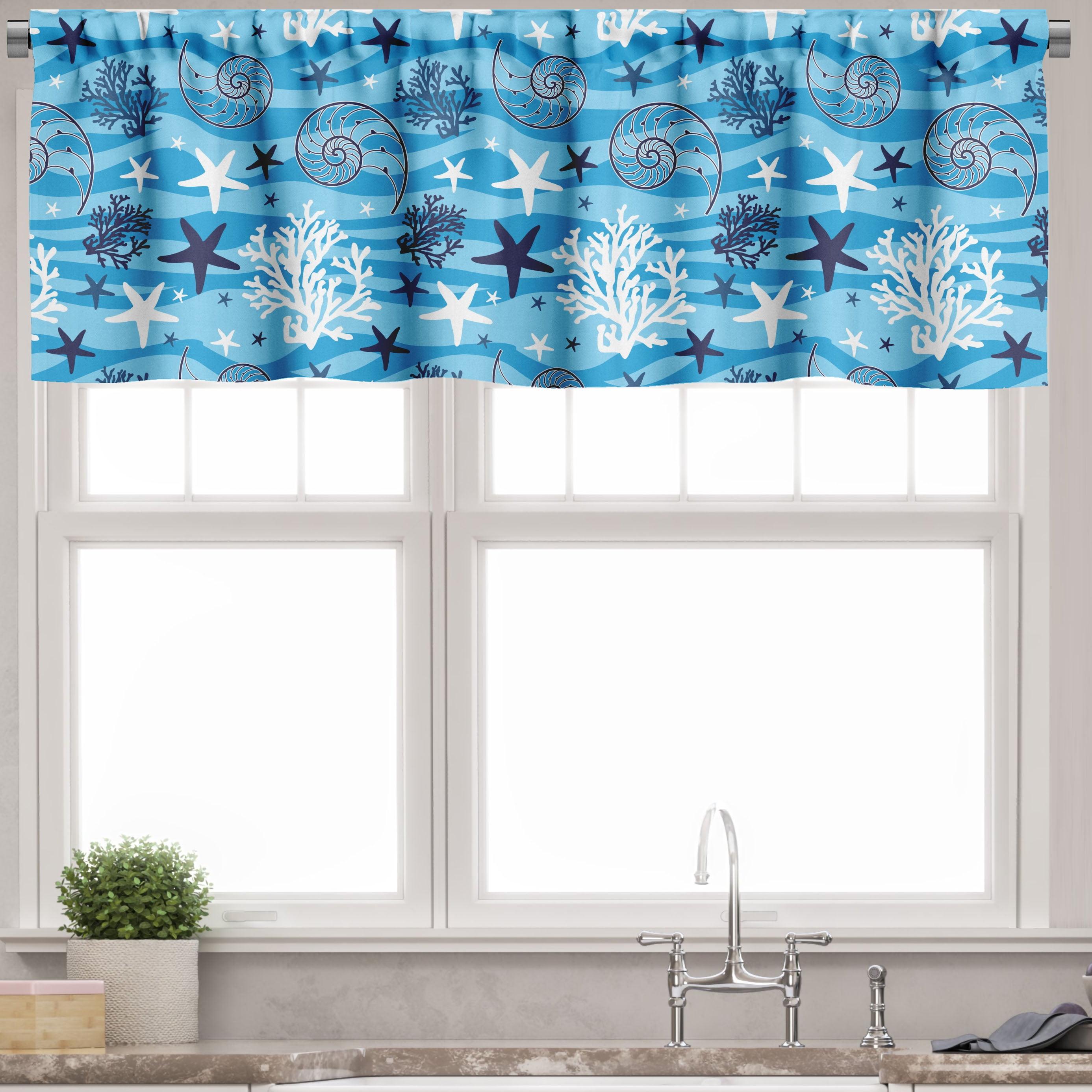 Blue and White Sea Shells Satin Rod Pocket Valance