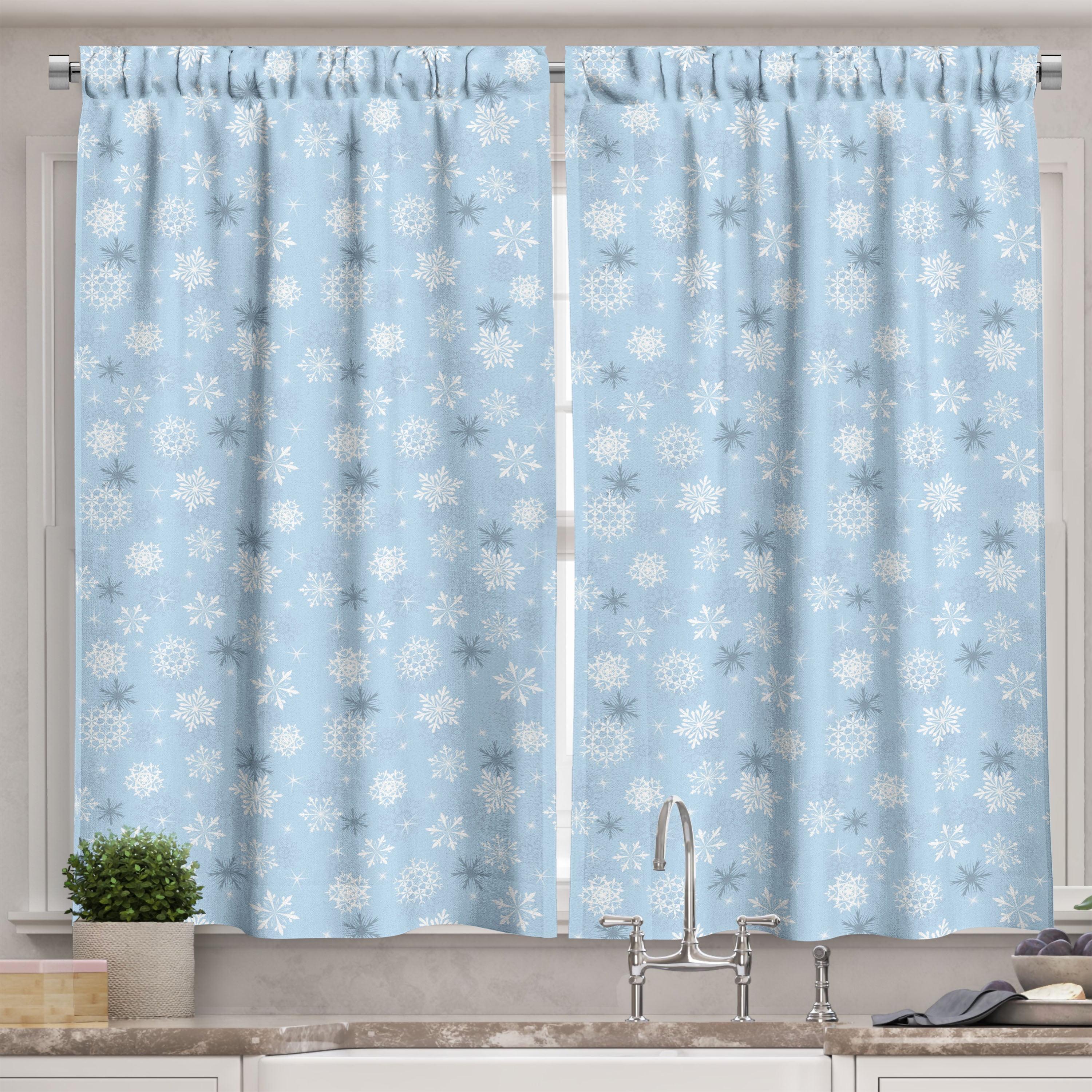 Snowflake Light-Filtering White and Blue Polyester Kitchen Curtains