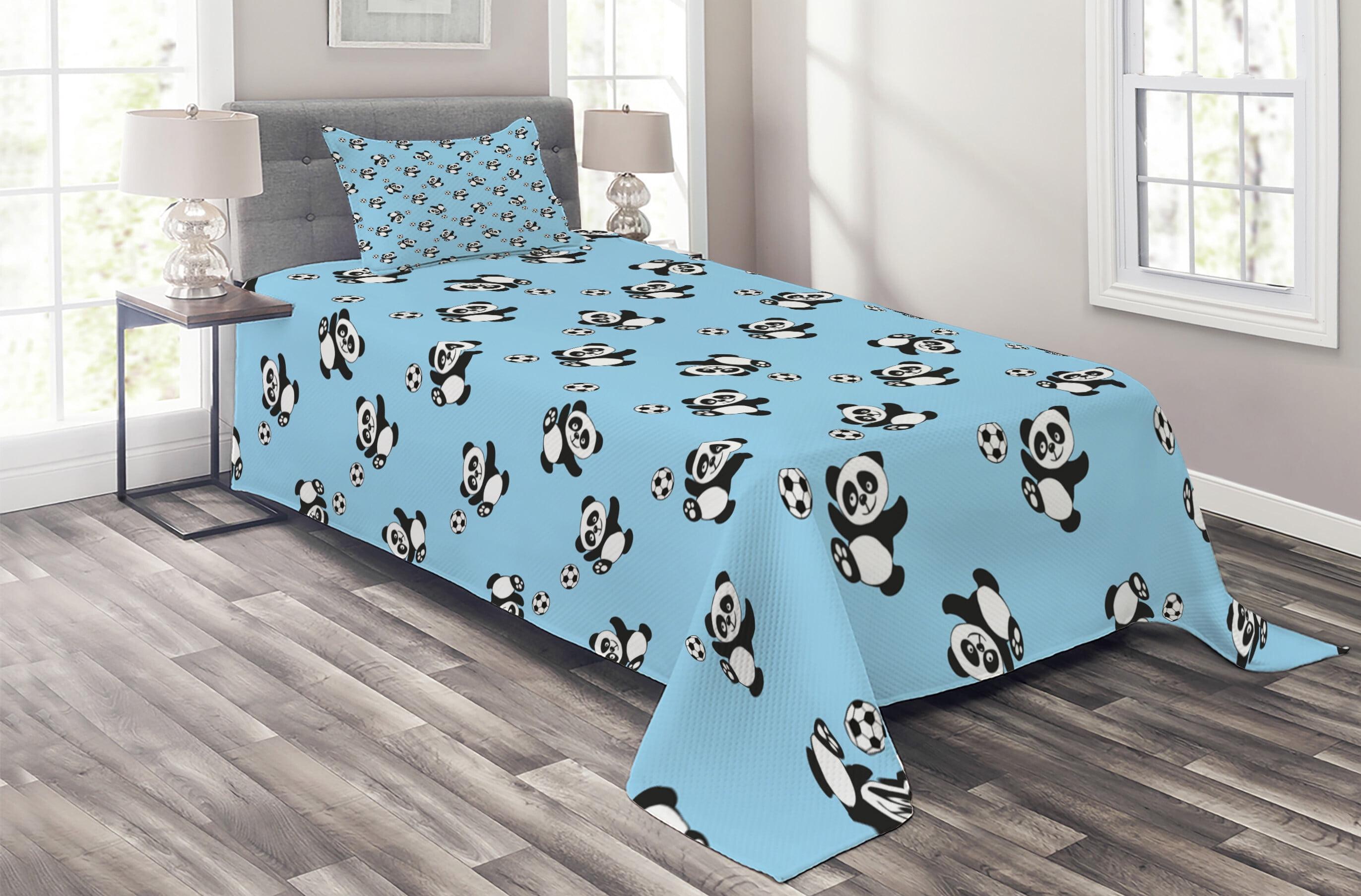 Ambensonne Soccer Bedspread Panda KicBall Pale Blue Black White