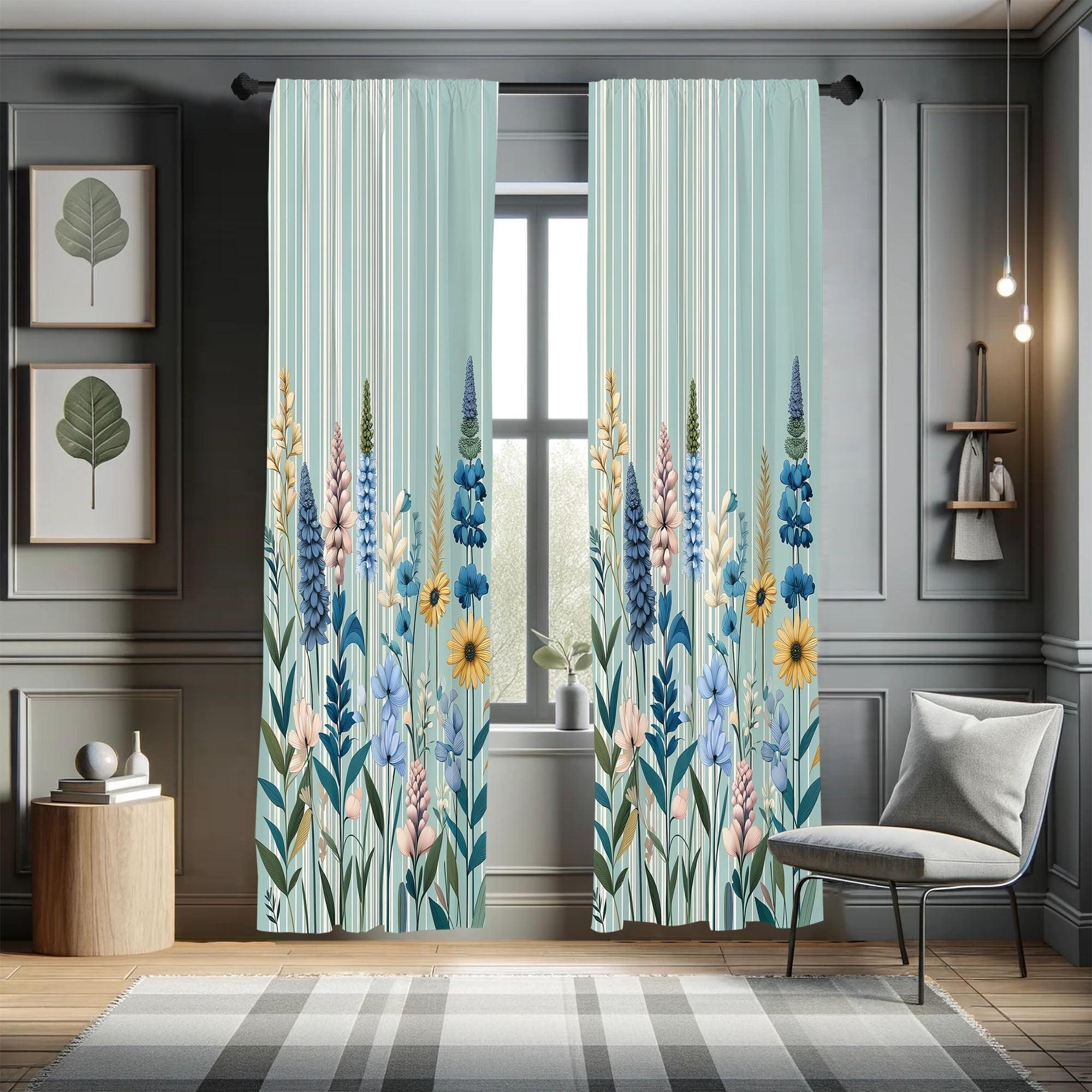 Sea Blue Floral Microfiber Rod Pocket Curtain Set