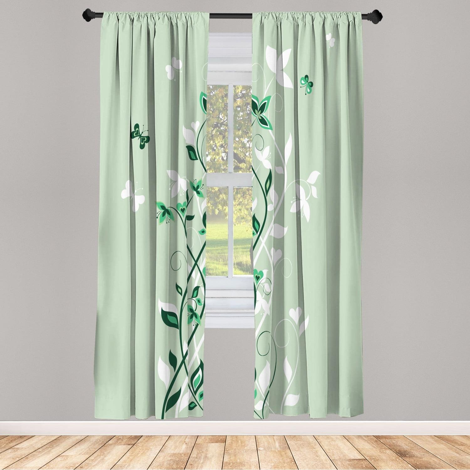 White and Green Floral Microfiber Rod Pocket Curtain Panels, 84"