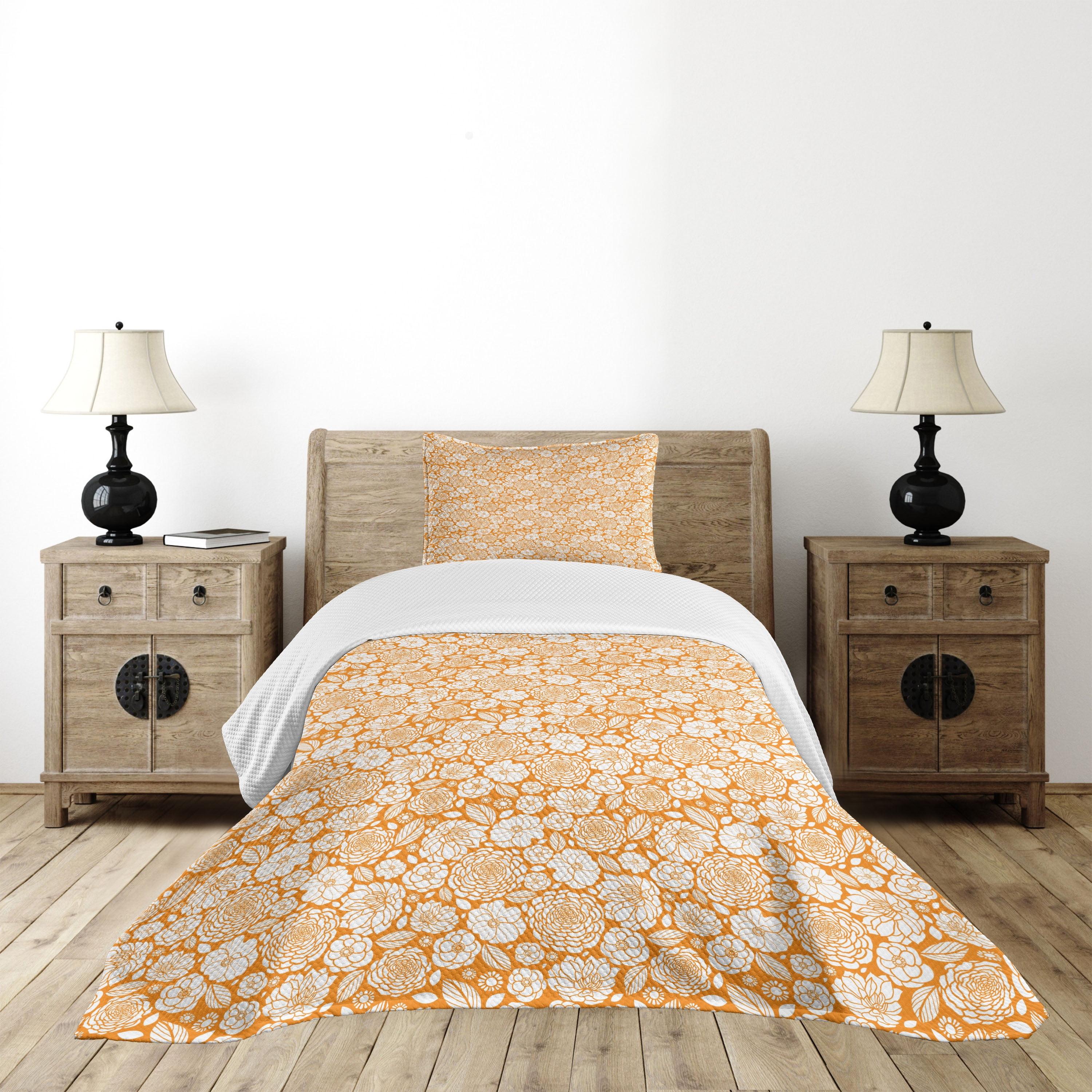 Twin White and Marigold Floral Quilted Bedspread Set