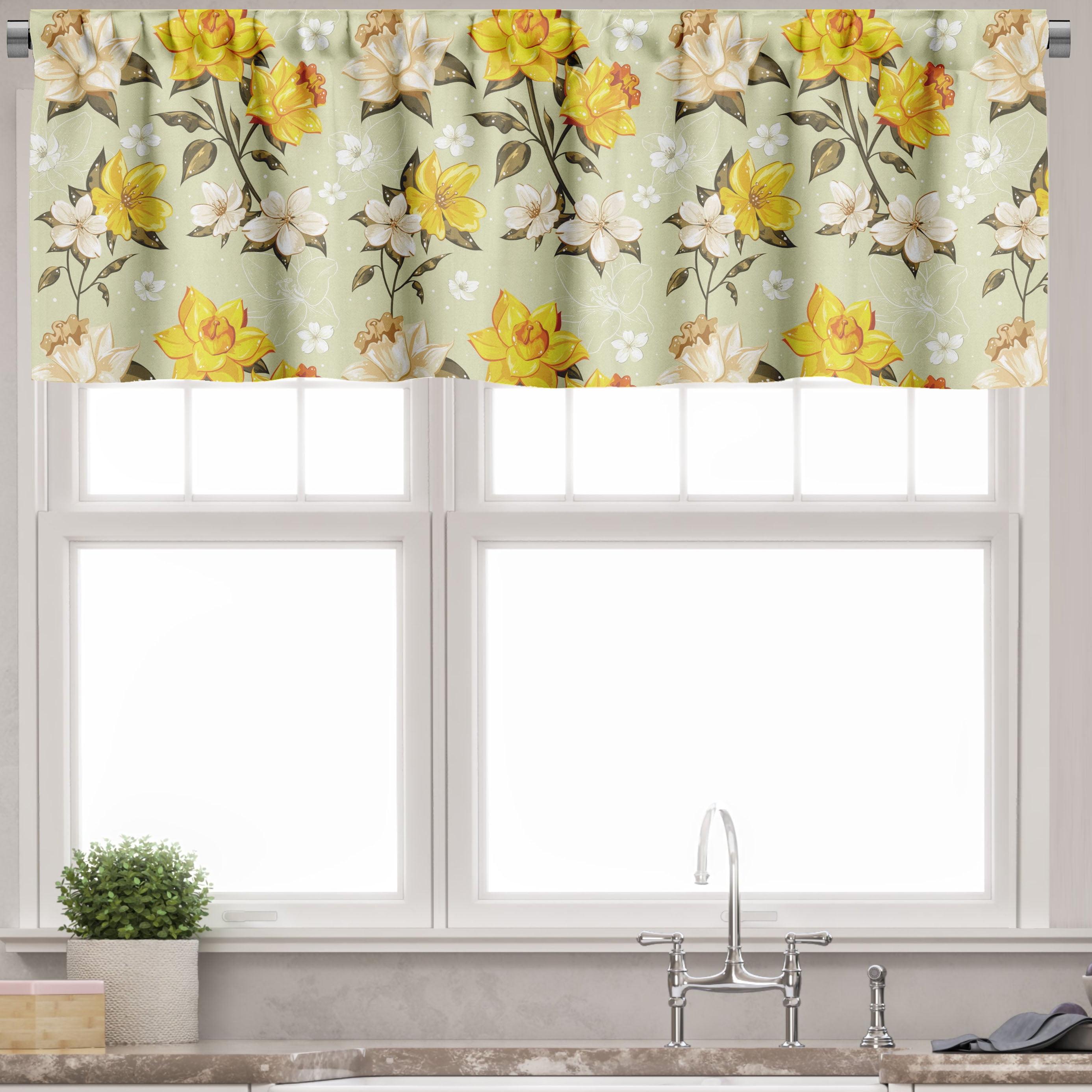 Yellow Khaki Cream Floral Satin Rod Pocket Valance