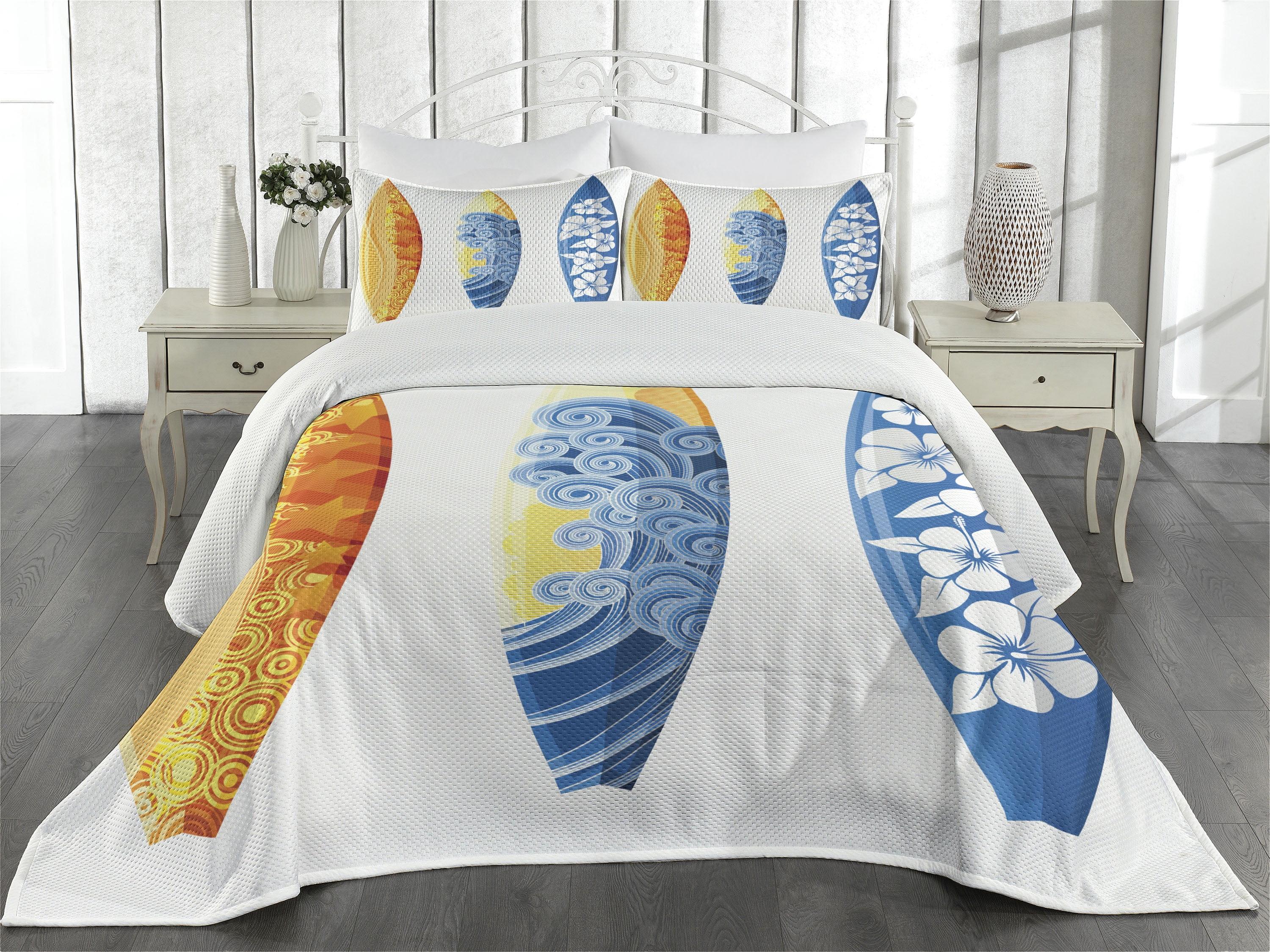 King White Quilted Bedspread Set with Surf Design