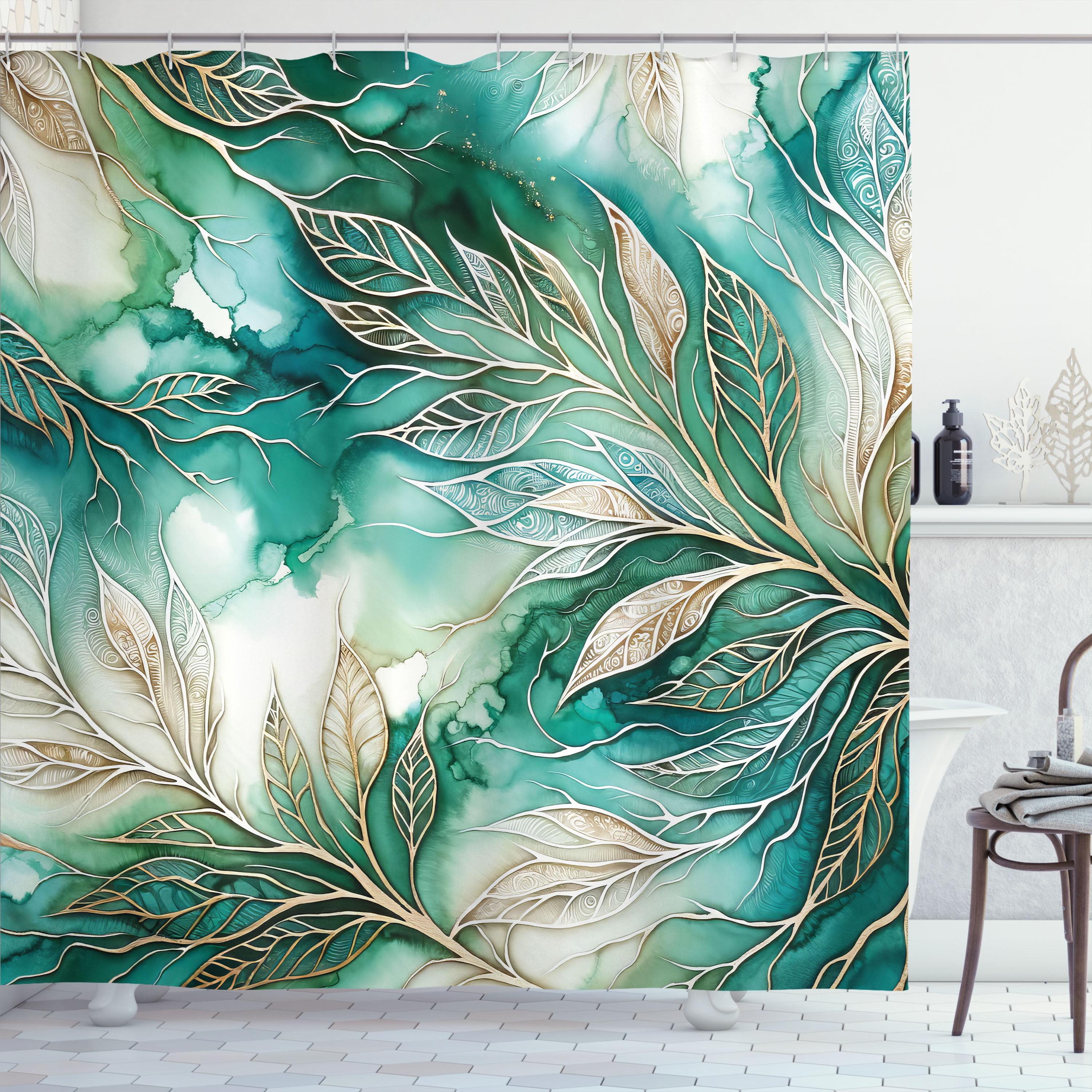 Teal and Gold Leaf Print Fabric Shower Curtain with Hooks