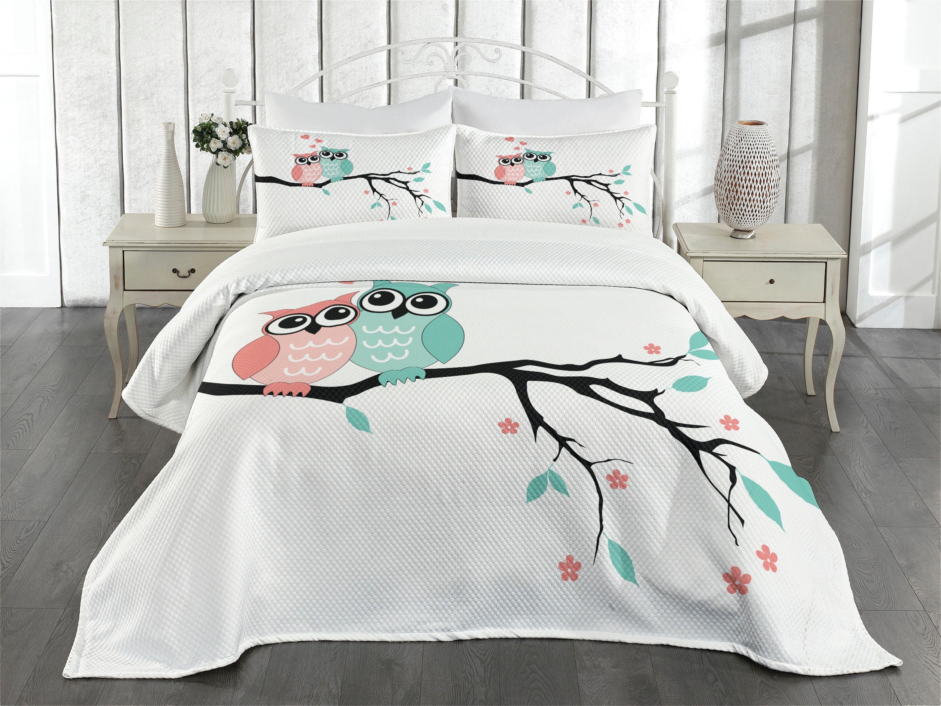 Ambesonne Ambesonne Teal and White Bedspread Set Owl Couple Turquoise Coral Black