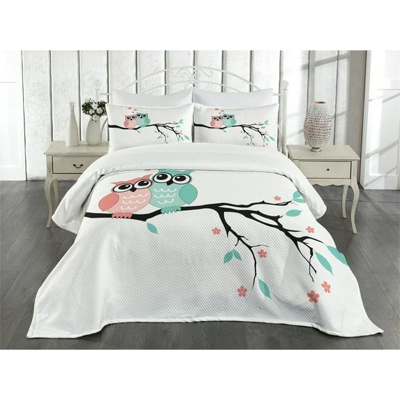 Ambesonne Ambesonne Teal and White Bedspread Set Owl Couple Turquoise Coral Black