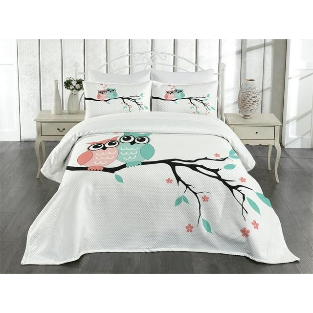 Ambesonne Ambesonne Teal and White Bedspread Set Owl Couple Turquoise Coral Black