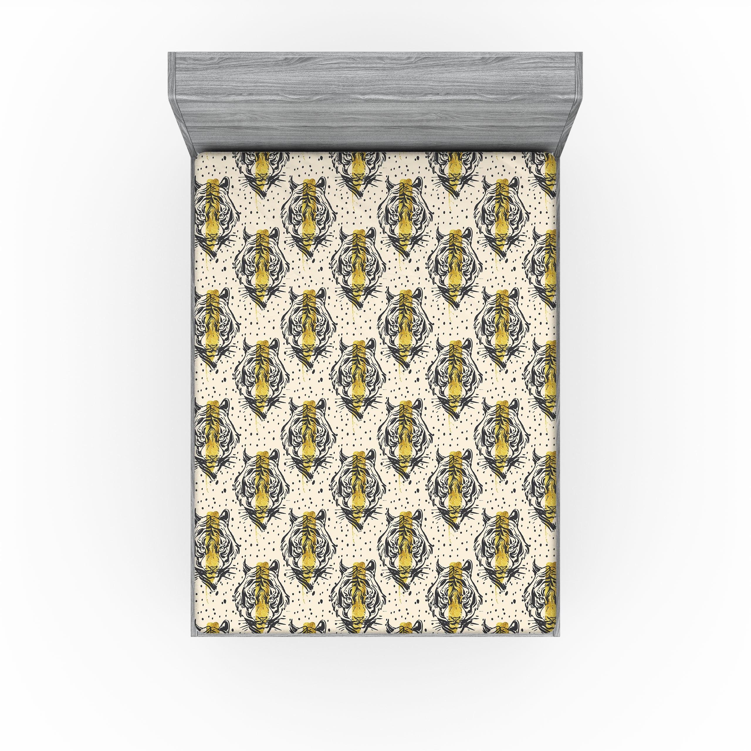 Ambesonne Tiger Fitted Sheet Wild Cat of Tropical Jungle Calking Size Cream Mustard Dark Grey