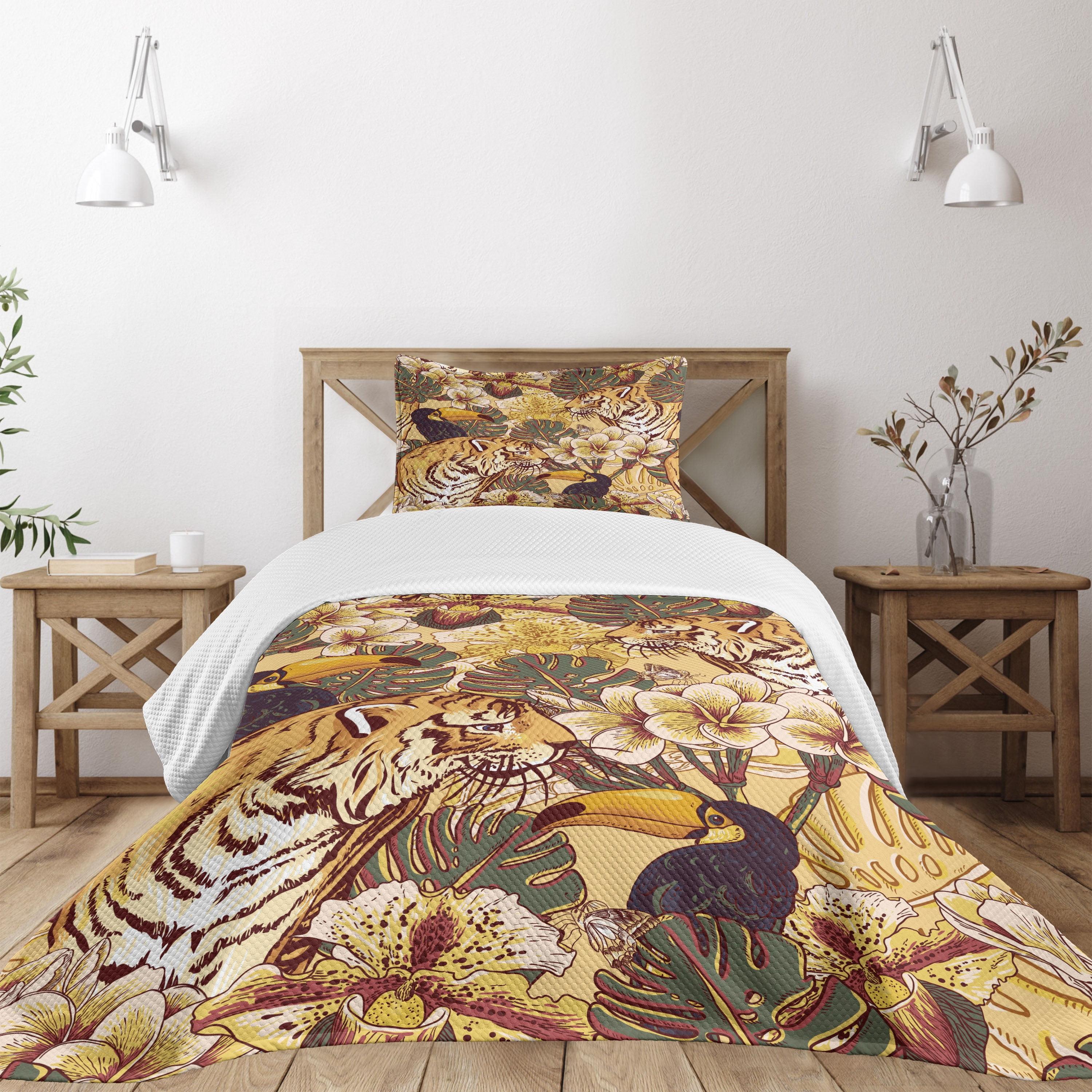 Ambesonne Ambesonne Tiger Bedspread Set Tropical Bengal Toucan Earth Yellow Dark Blue