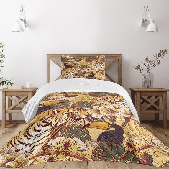 Ambesonne Ambesonne Tiger Bedspread Set Tropical Bengal Toucan Earth Yellow Dark Blue