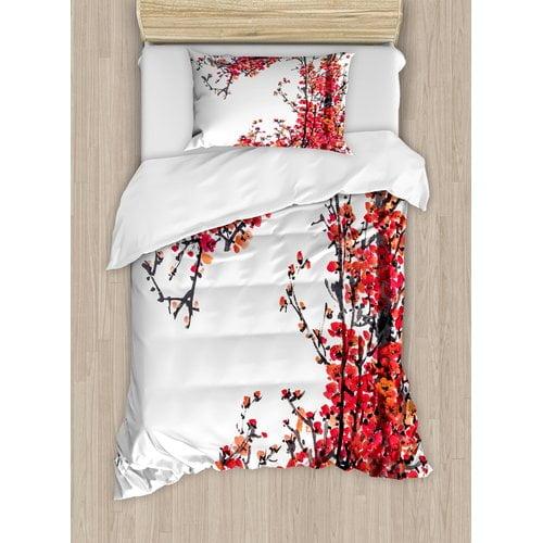 Twin Red and White Cherry Blossom Microfiber Duvet Cover Set