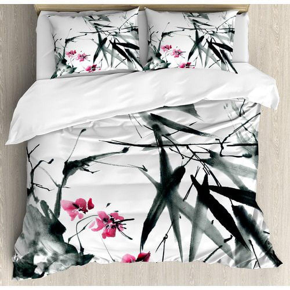 King Black and White Floral Polyester Duvet Cover Set