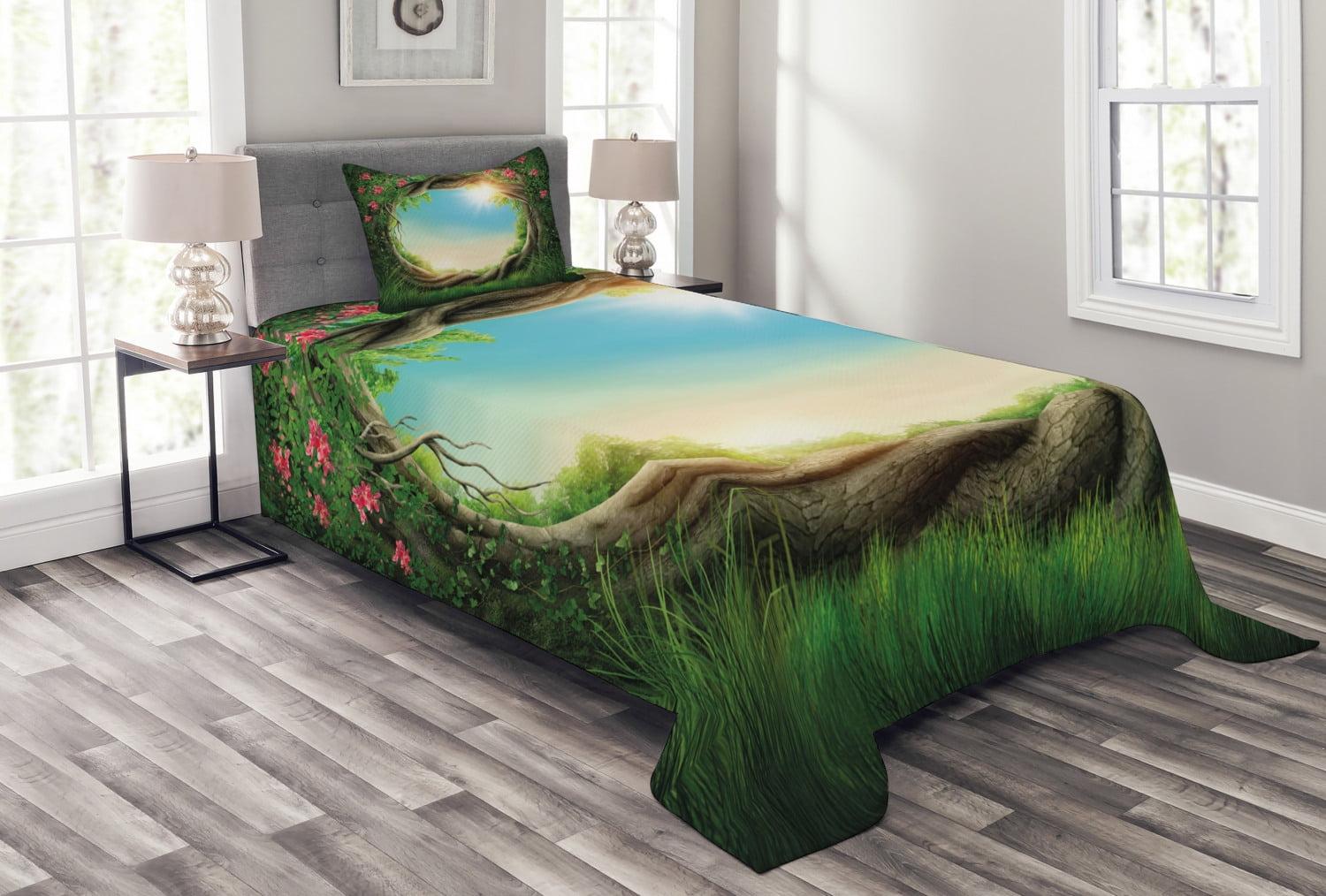 Ambesonne Ambesonne Tree Bedspread Set Enchanted Forest in Spring Green Pink Cocoa