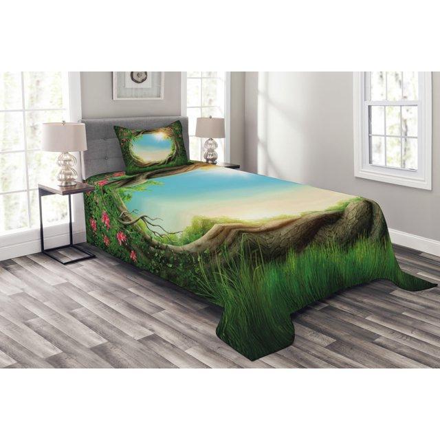 Ambesonne Ambesonne Tree Bedspread Set Enchanted Forest in Spring Green Pink Cocoa