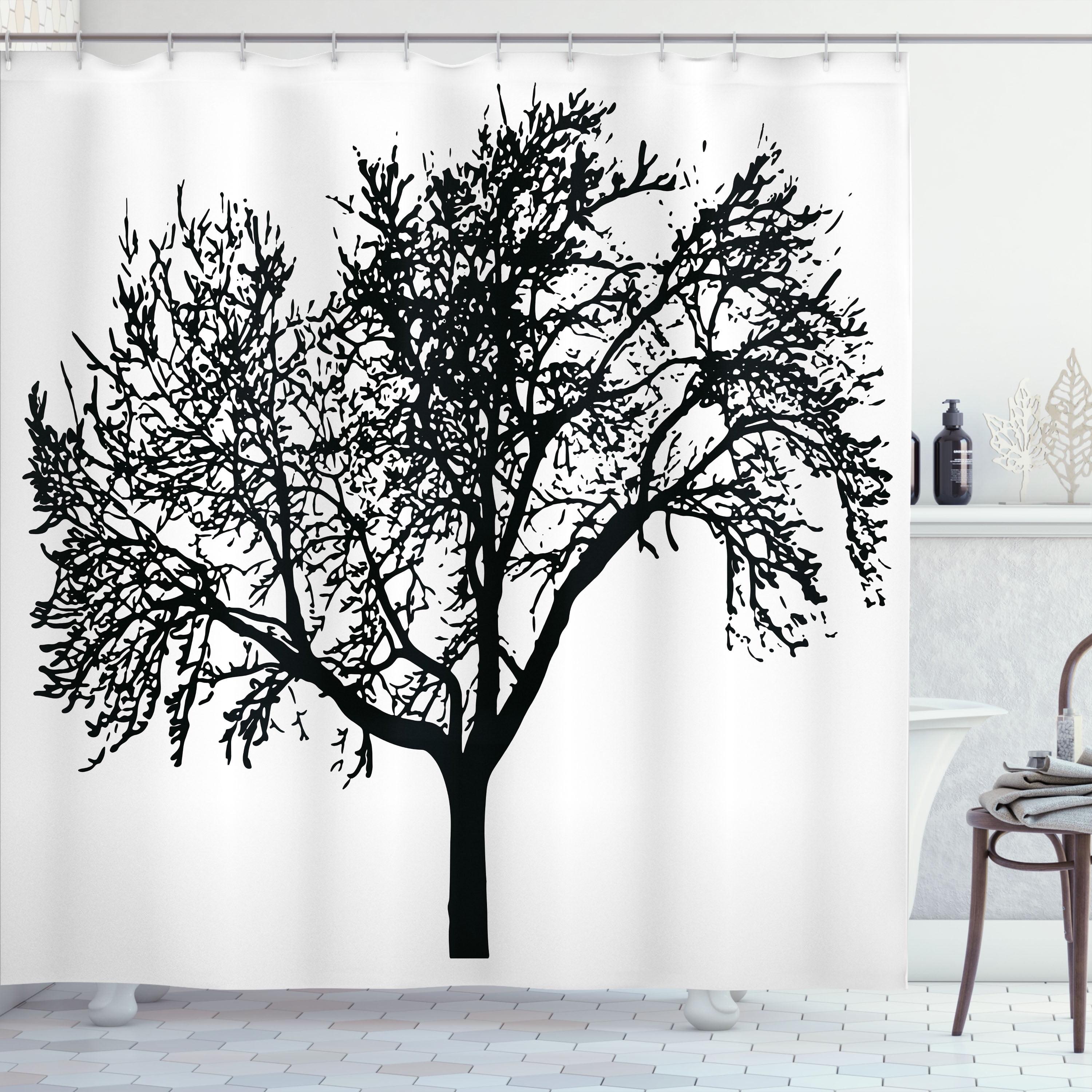 Charcoal Grey and White Tree Silhouette Fabric Shower Curtain