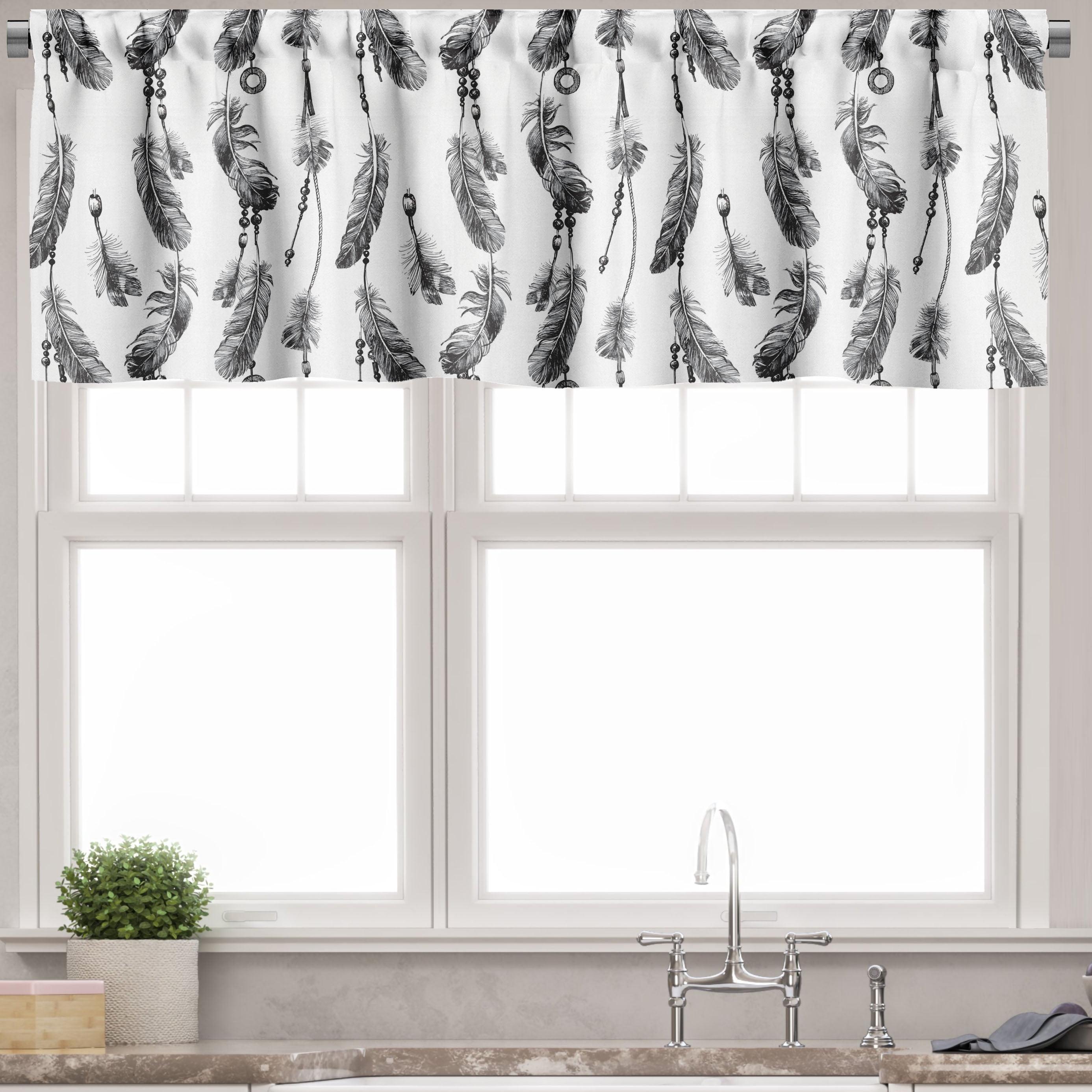 Charcoal Grey and White Feather Print Rod Pocket Valance Set