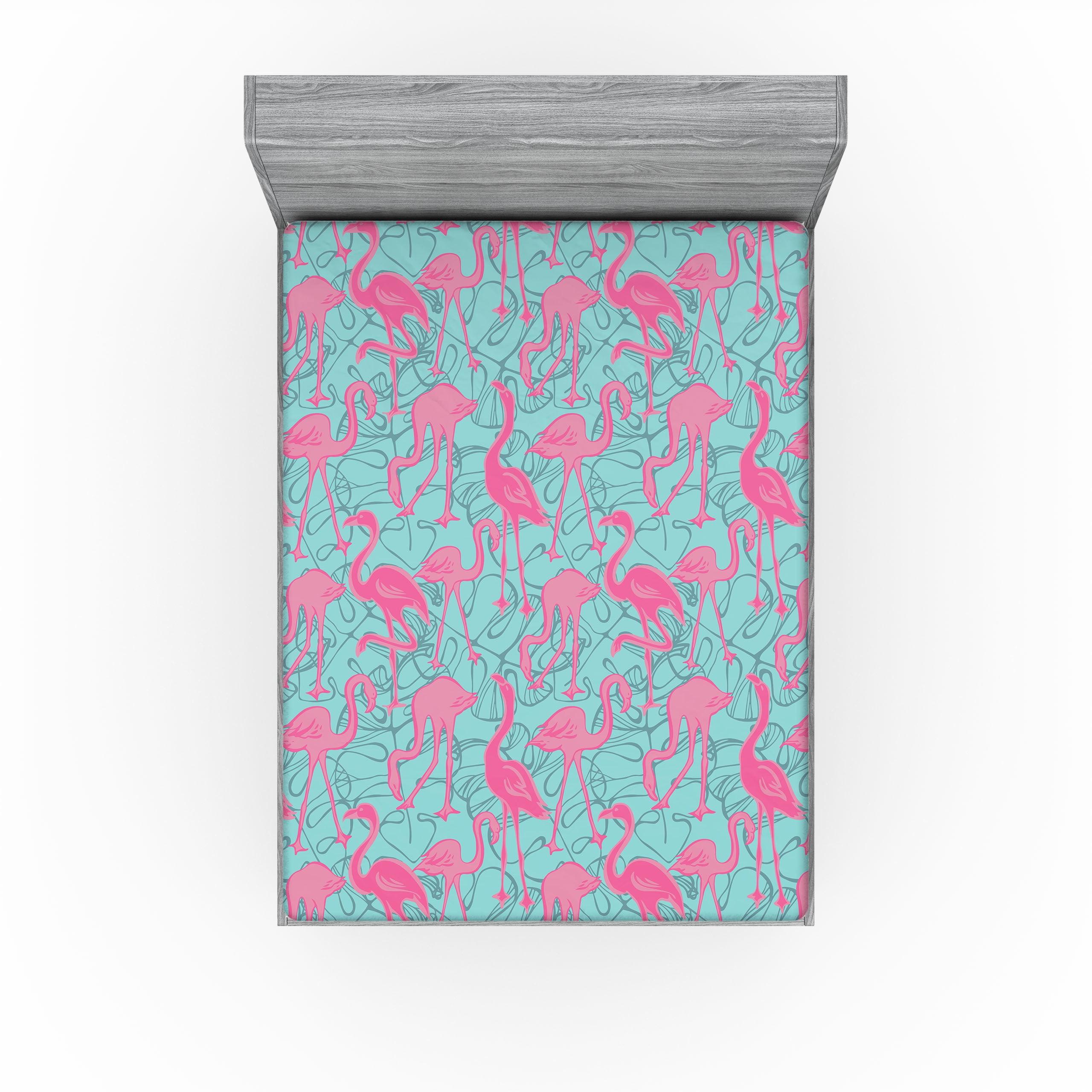 Ambesonne Tropical Fitted Sheet Art Boho Pattern Flamingo Pastel Pink Seafoam