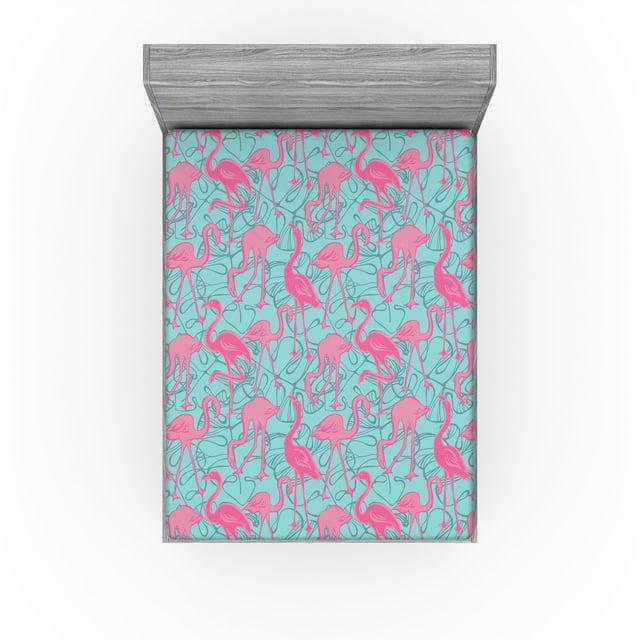 Ambesonne Ambesonne Tropical Fitted Sheet Art Boho Pattern Flamingo Pastel Pink Seafoam