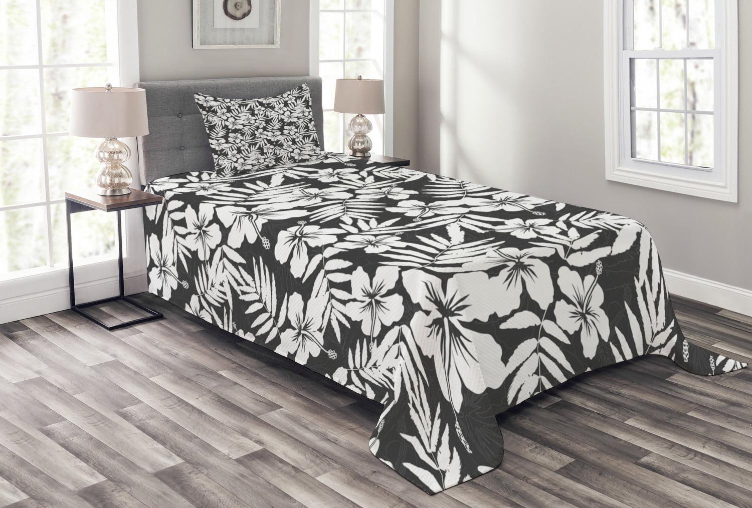 Ambesonne Ambesonne Tropical Bedspread Set Exotic Hibiscus Flower Grey and White